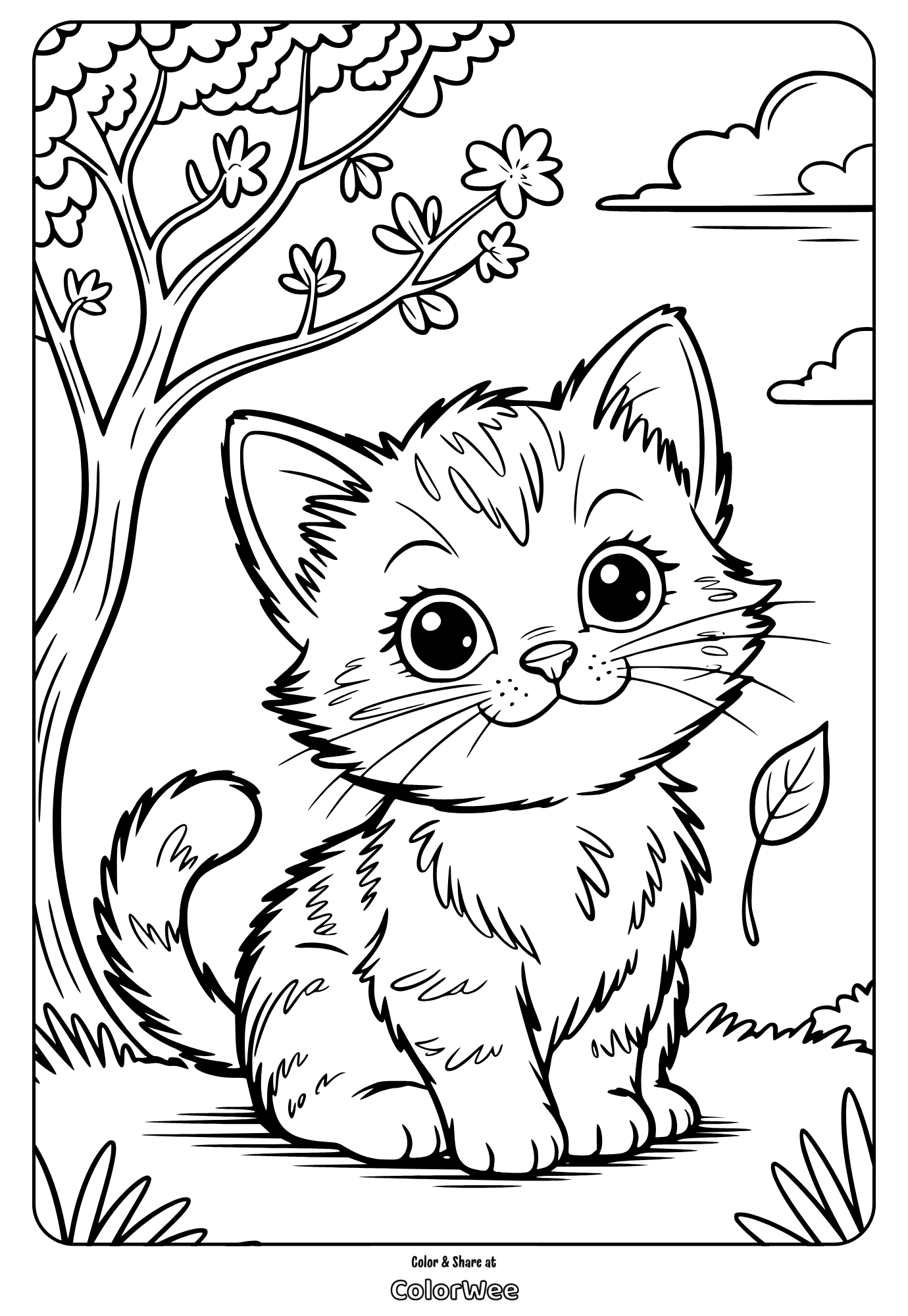 Adorable kitten coloring page, cute cat in a garden setting.