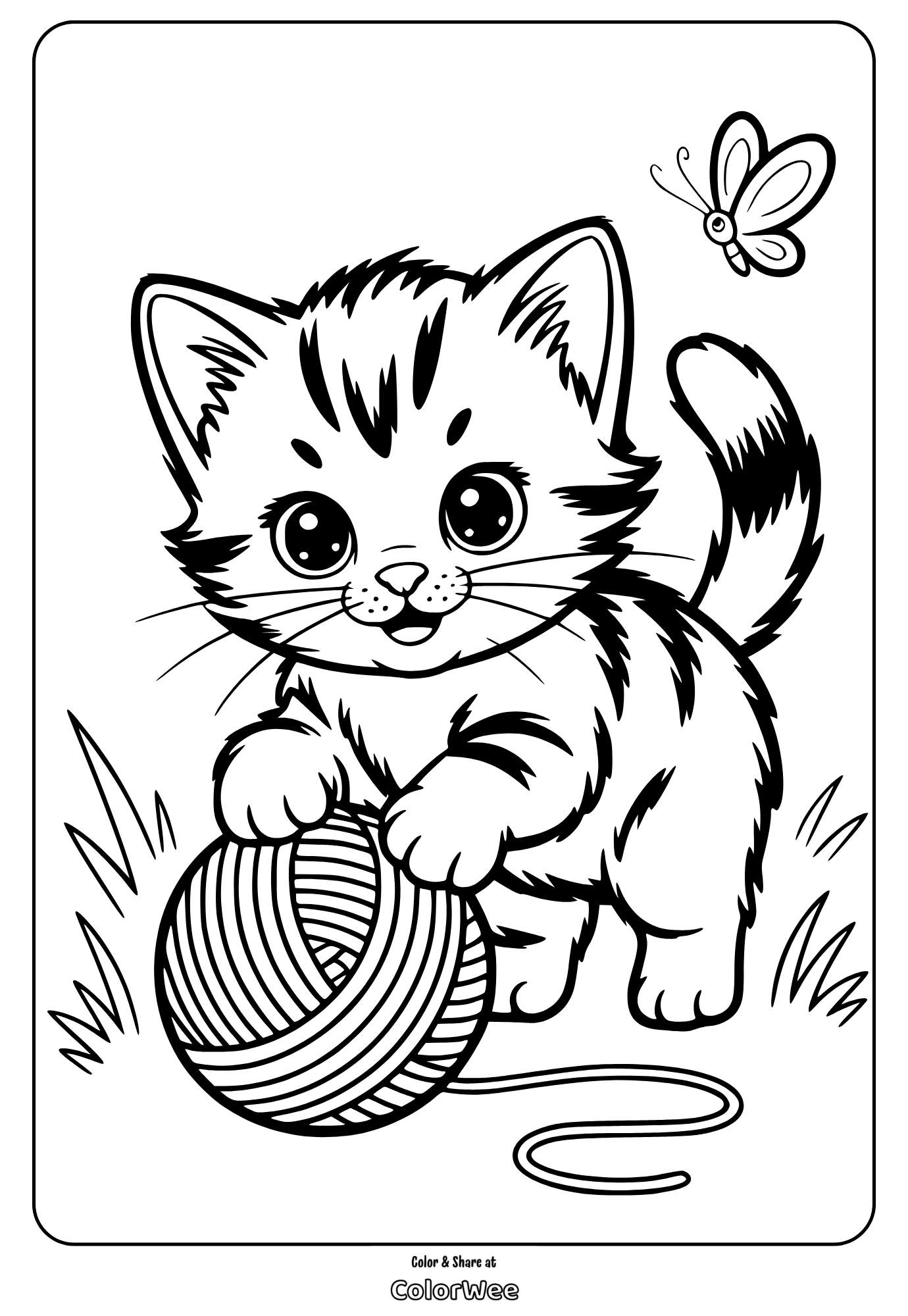 Cute kitten playing with yarn and a butterfly coloring page.