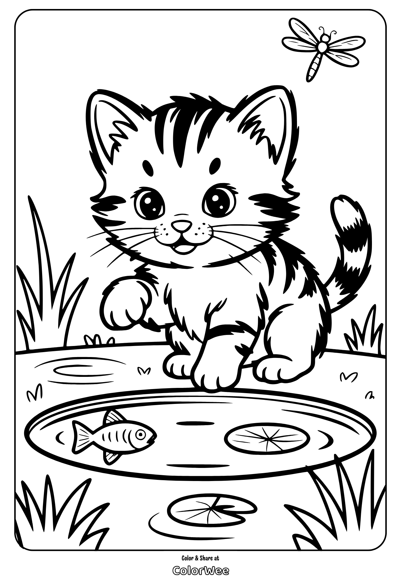 Cute kitten with fish by a pond, dragonfly above. Coloring page.