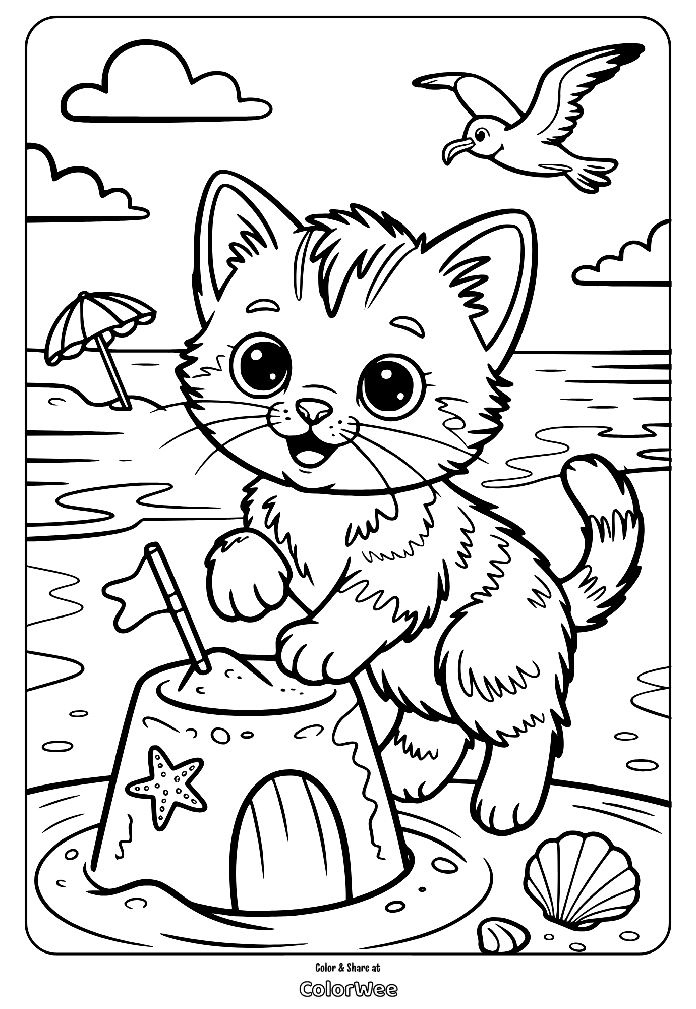 Cat building sandcastle on the beach coloring page.