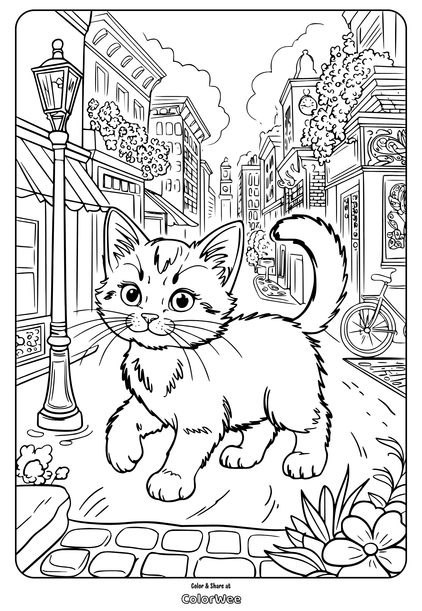 Cute kitten walking in a city street coloring page.
