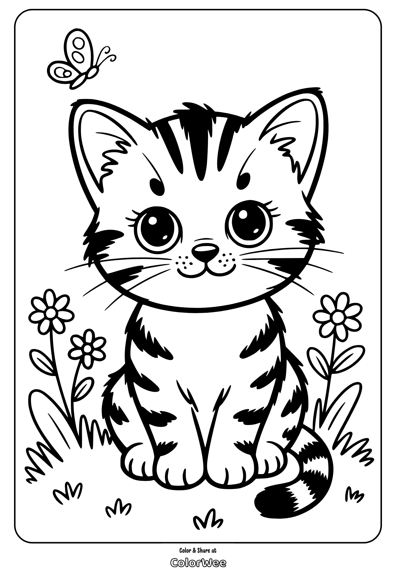 Cute kitten coloring page with butterfly and flowers.
