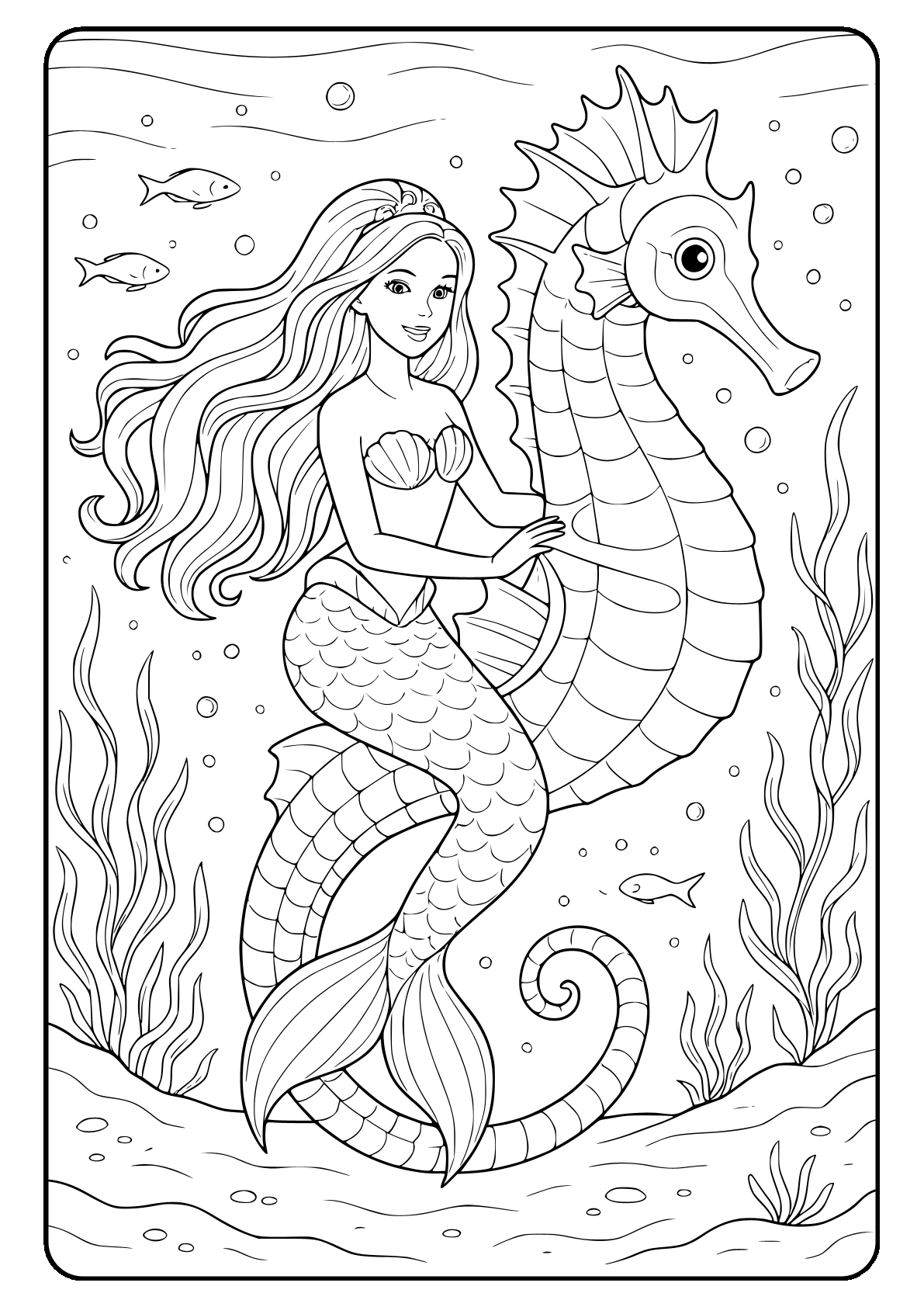 Fashion mermaid riding a seahorse coloring page.