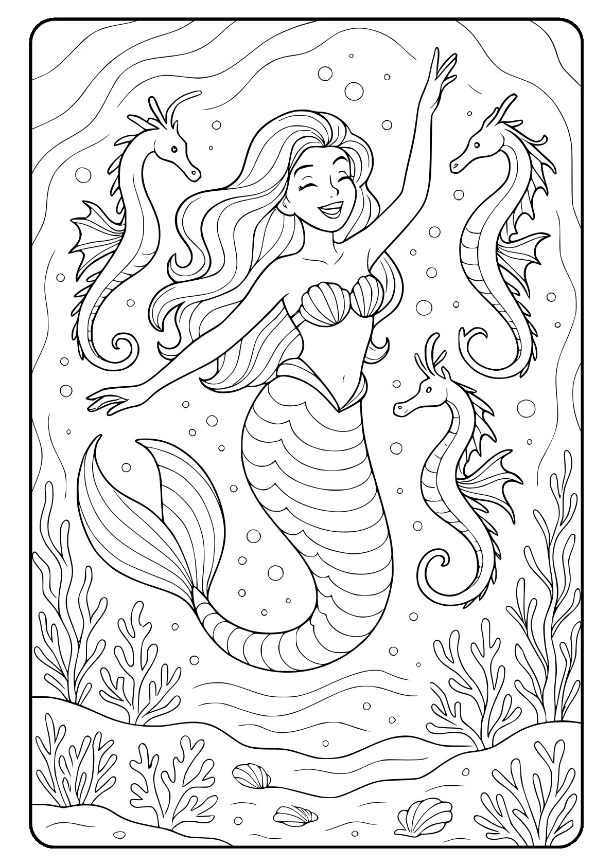 Rainbow mermaid with sea dragons coloring page.