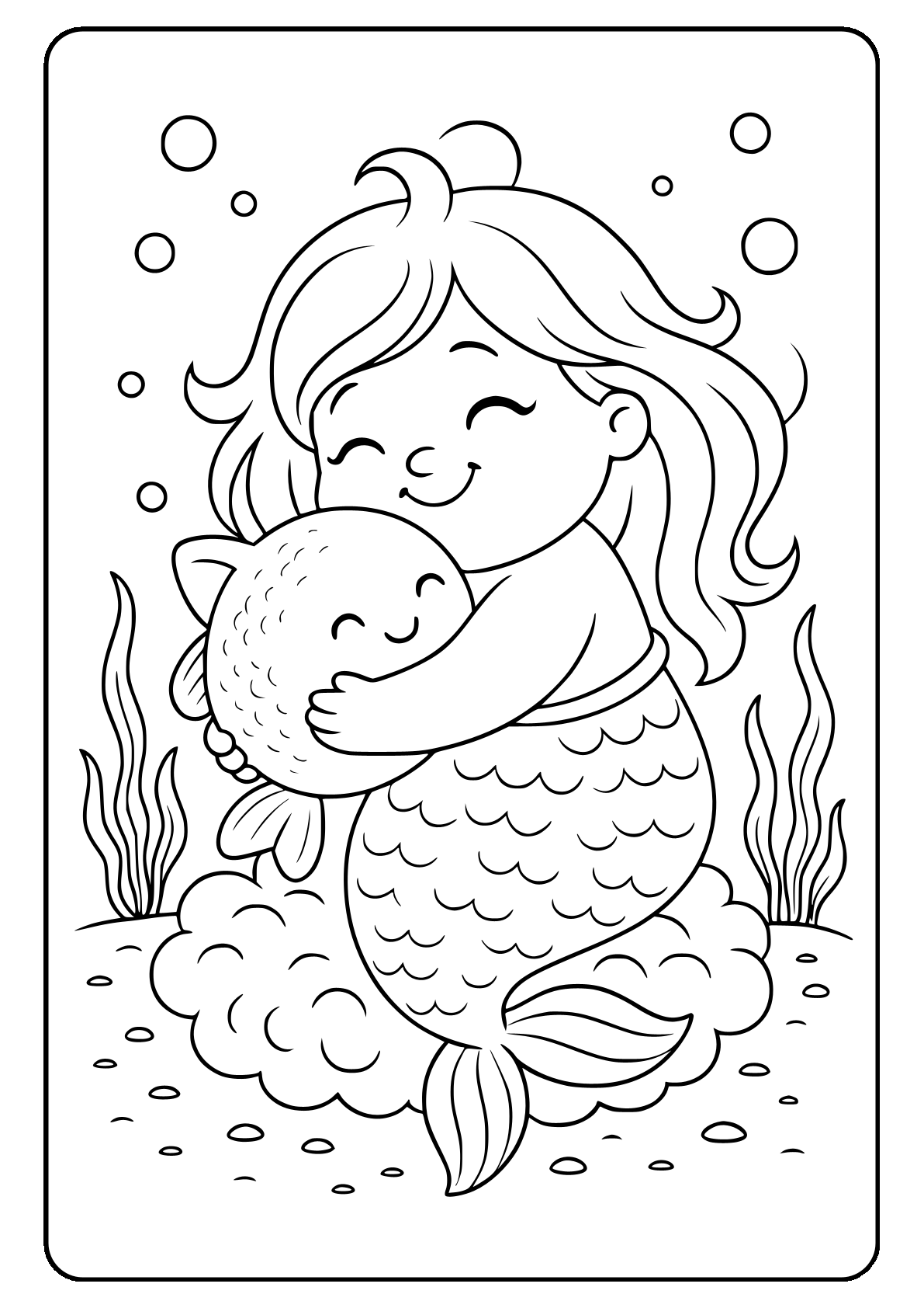 Chubby mermaid hugging a fish friend coloring page.