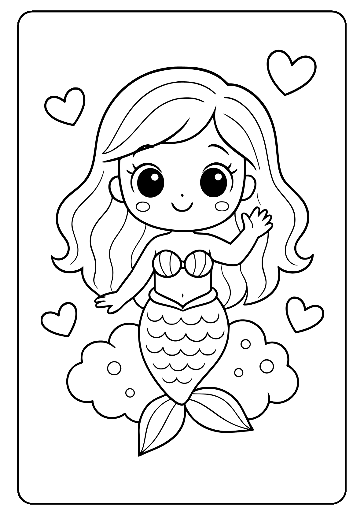 Kawaii mermaid with big eyes and hearts coloring page.