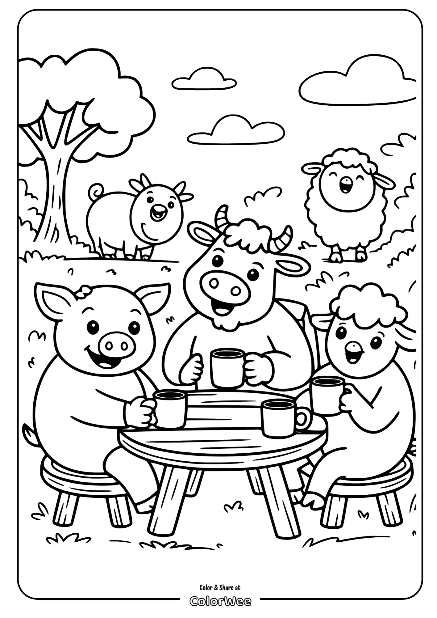 Cute farm animals having a tea party under a tree coloring page.