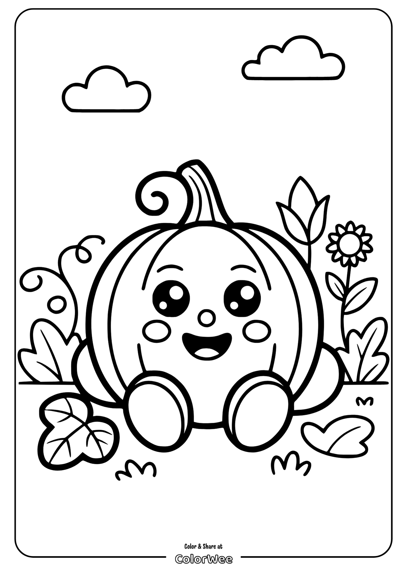 Cute smiling pumpkin coloring page for kids.