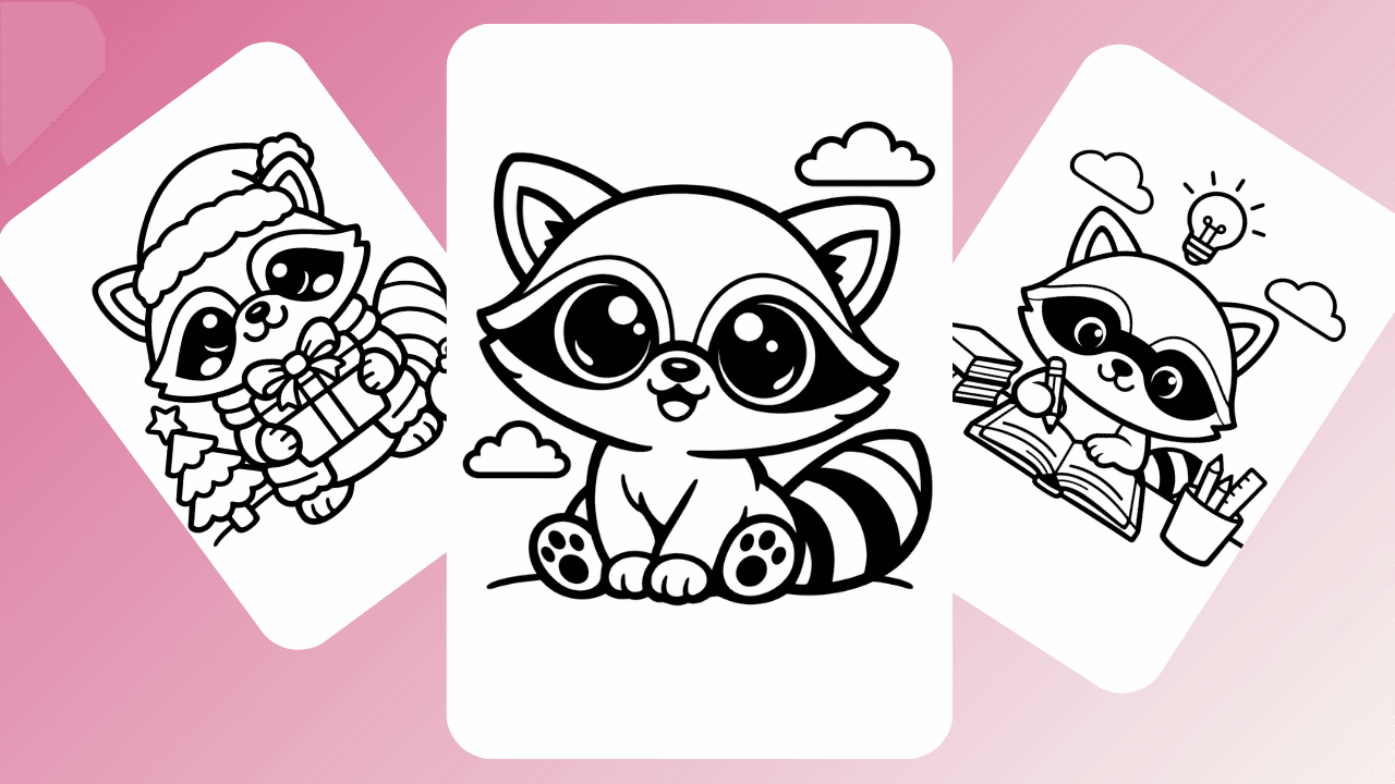 Cute raccoon coloring page set: baby raccoon, Christmas, and school themes
