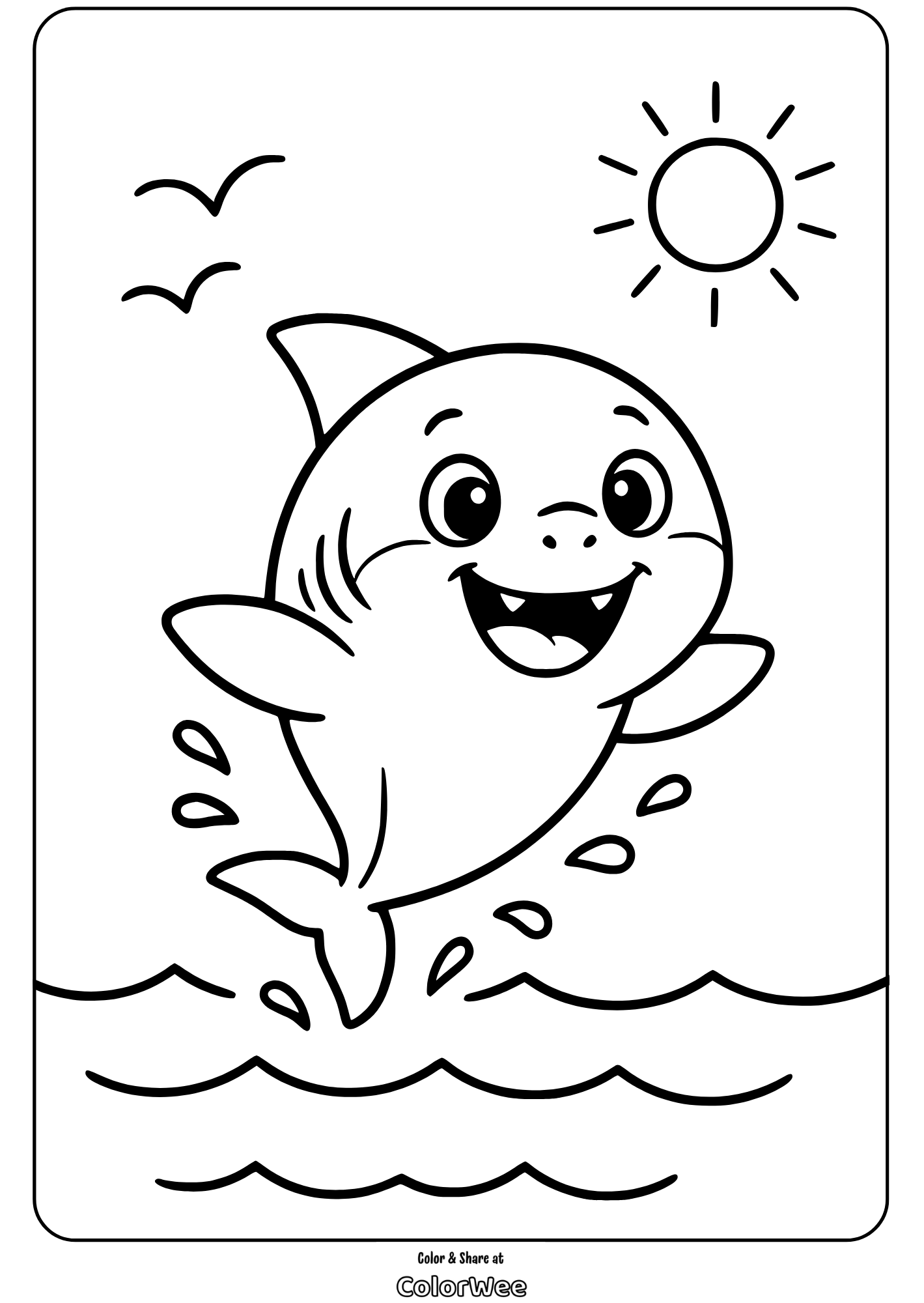 Smiling shark jumping in ocean coloring page.
