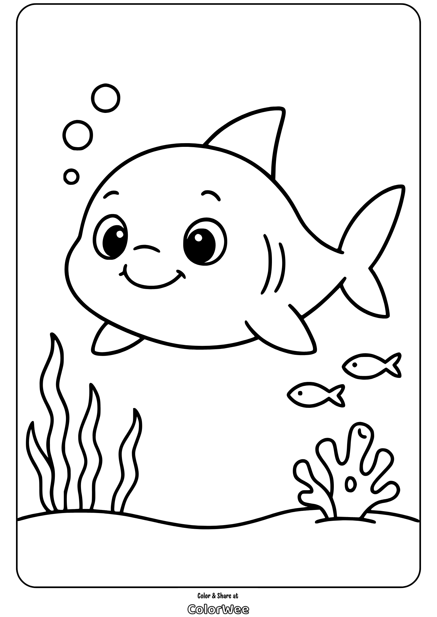 Smiling baby shark coloring page with seaweed and fish bubbles