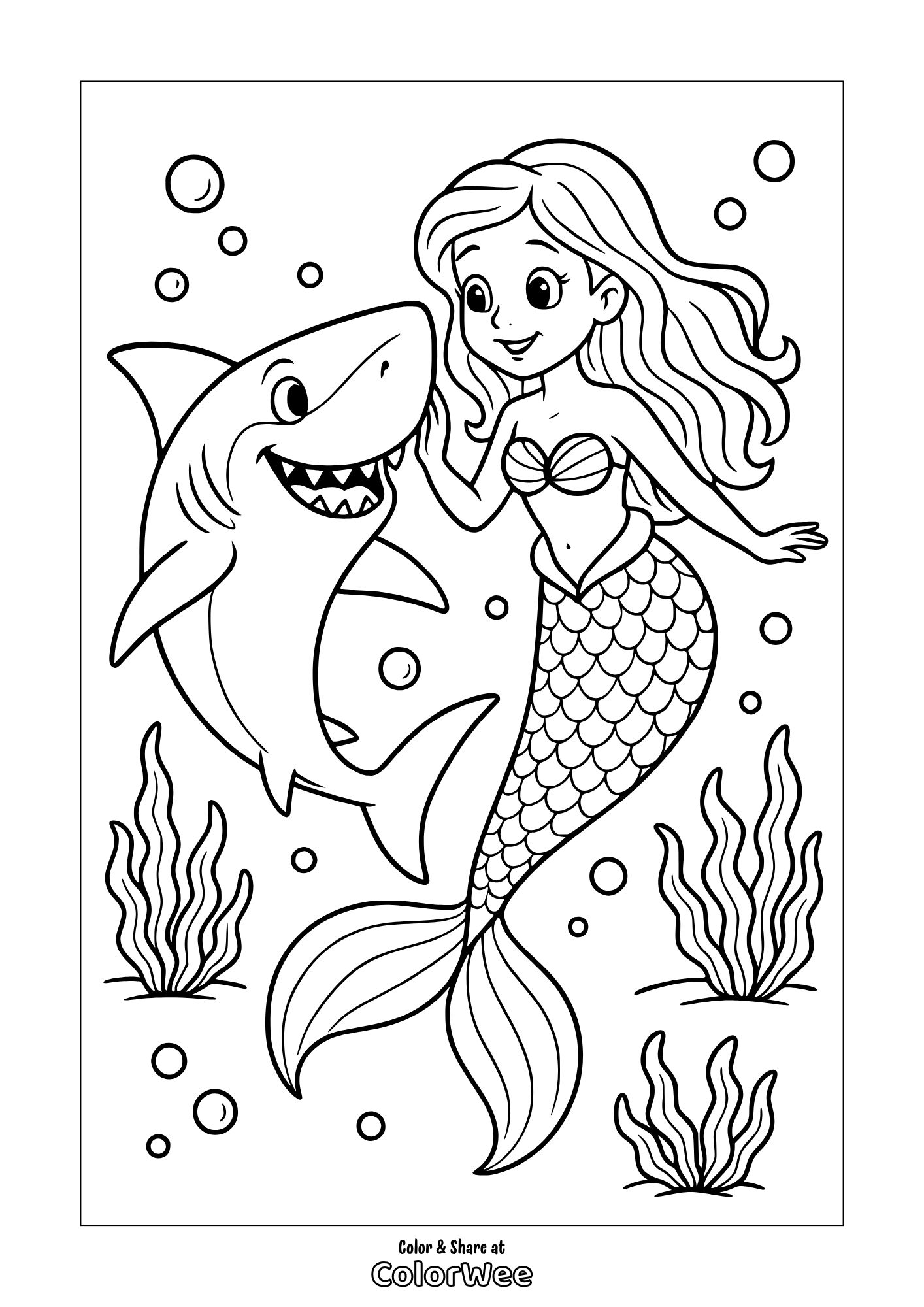 Mermaid and shark coloring page for kids.