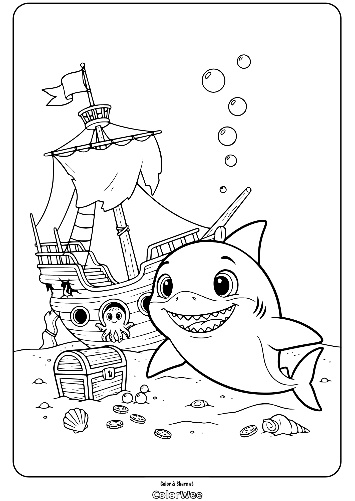 Coloring page: happy shark with pirate ship and treasure chest underwater.