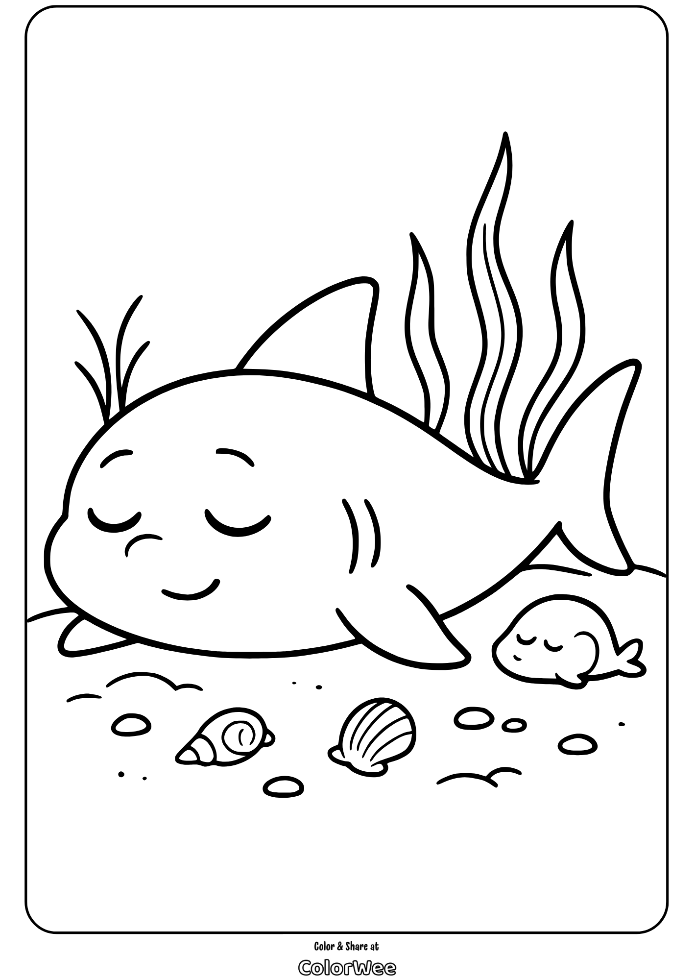Cute shark and baby fish resting on seabed coloring page.