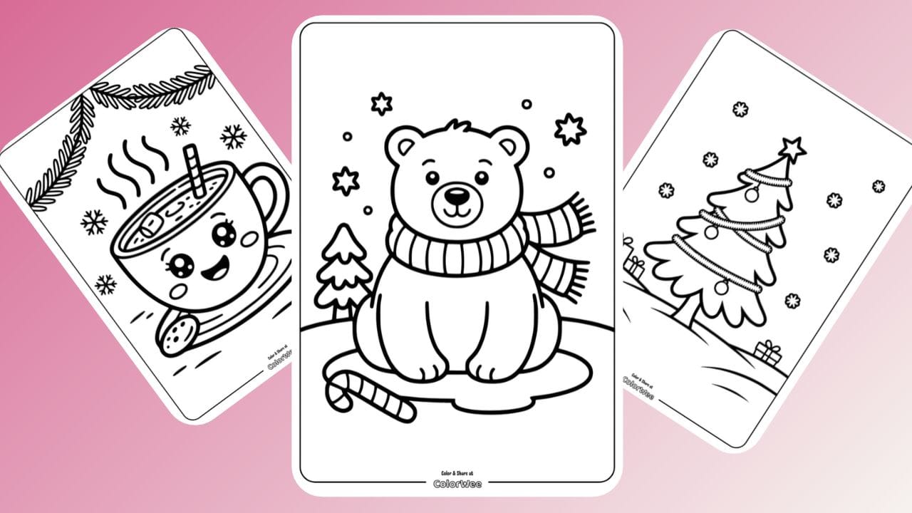 Cute winter coloring pages collection: bear, cup and christmas tree.