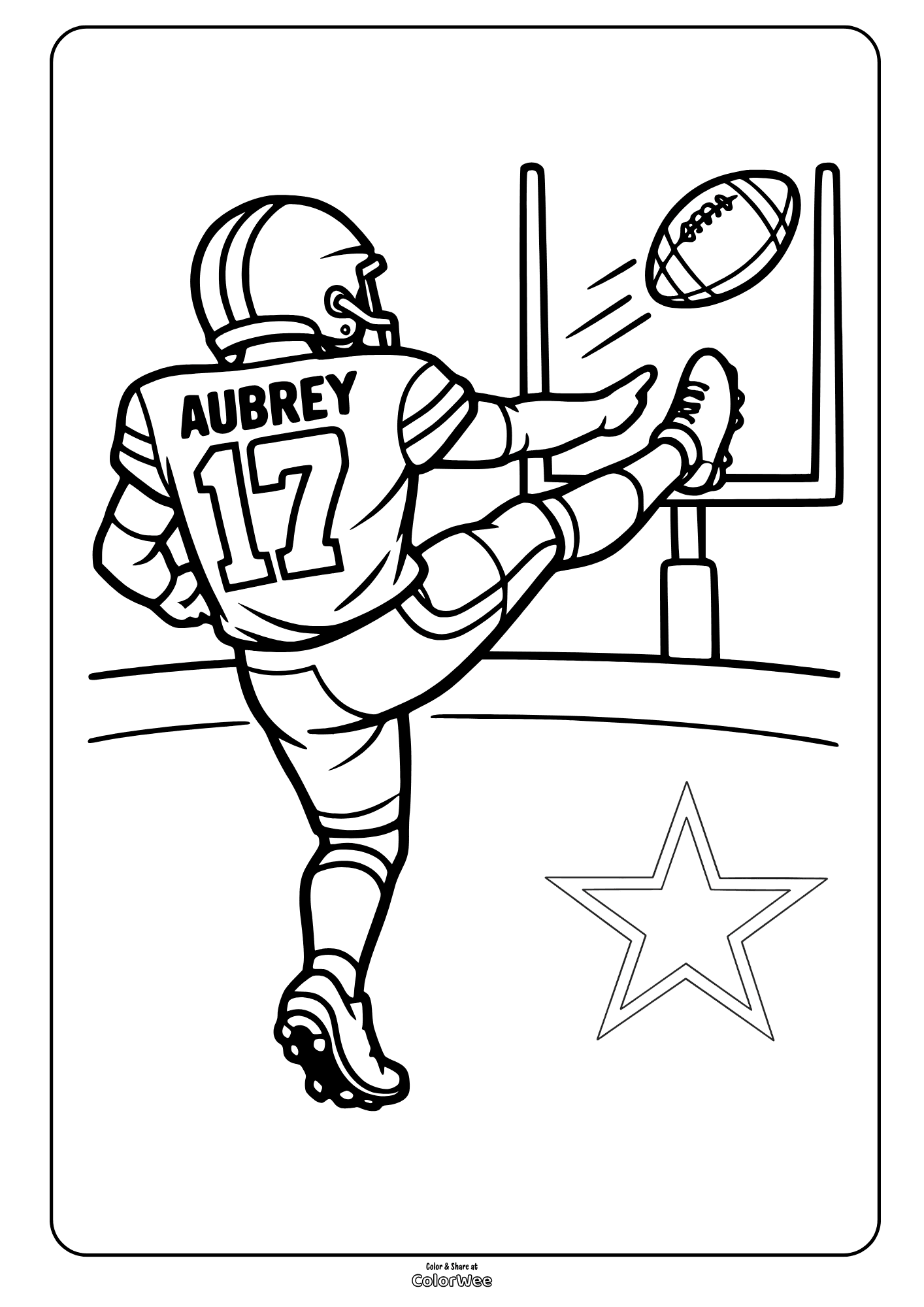 Football kicker Brandon Aubrey field goal printable coloring sheet for kids