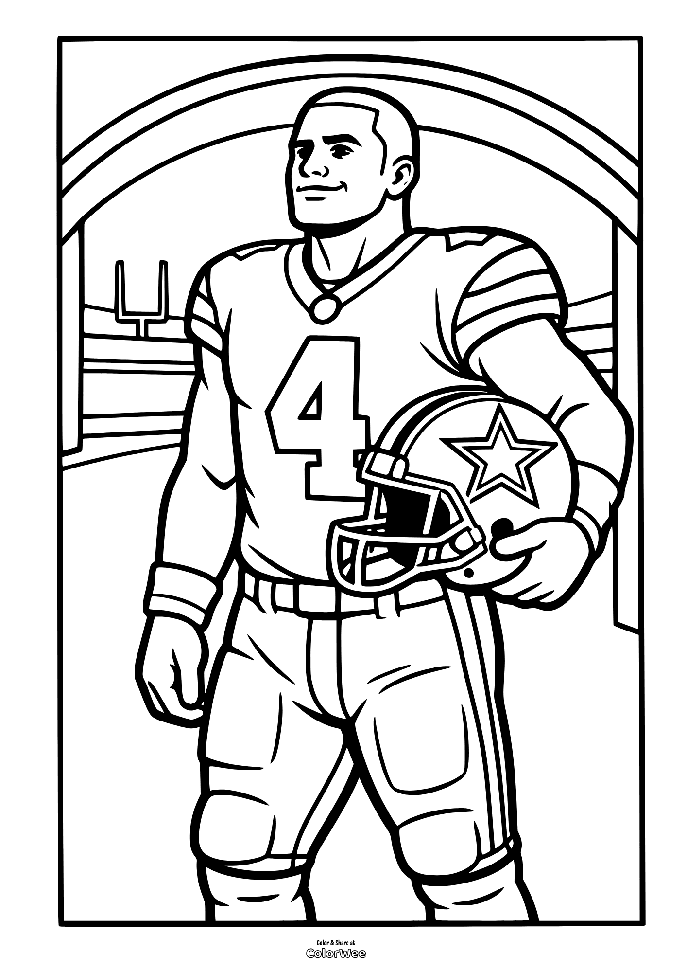 Football quarterback holding helmet in stadium coloring sheet for kids