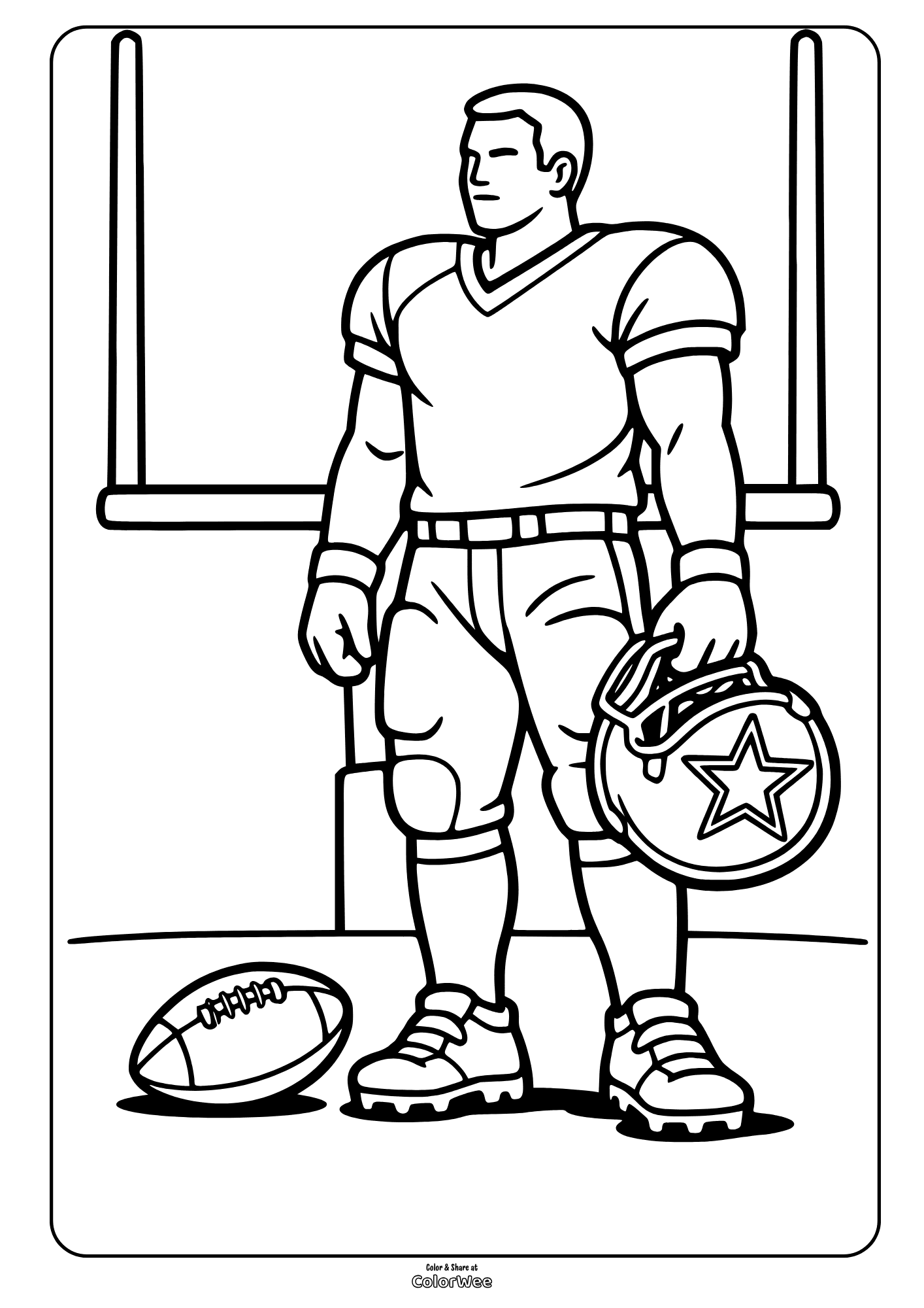 American football player with Dallas Cowboys helmet and ball on field coloring sheet