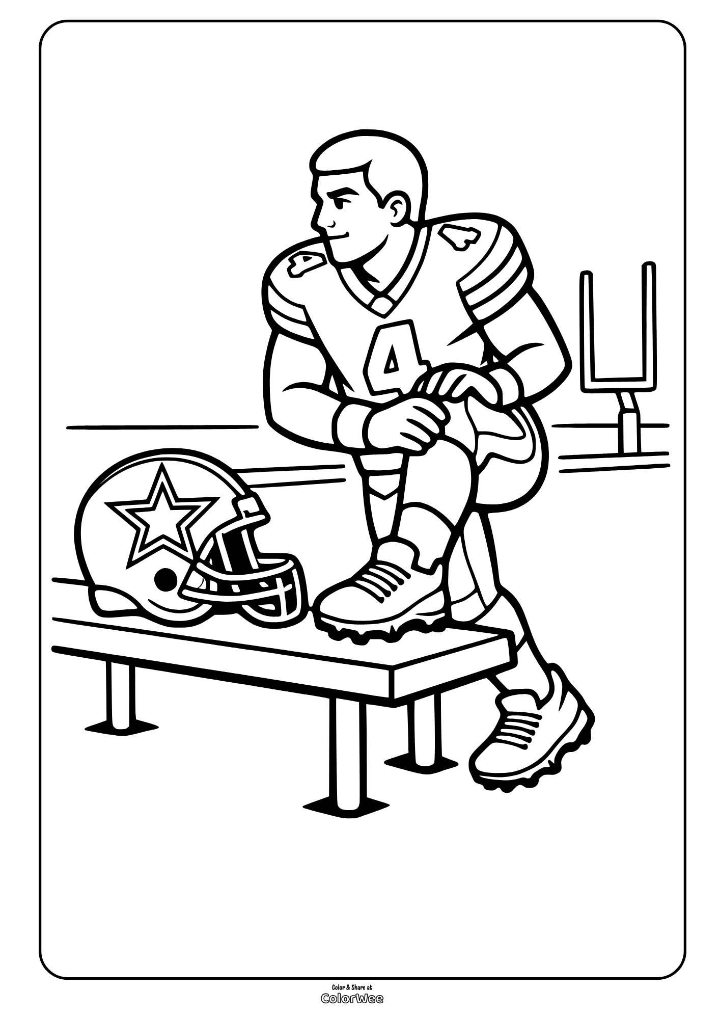 Football player on bench with helmet and goalpost coloring sheet printable