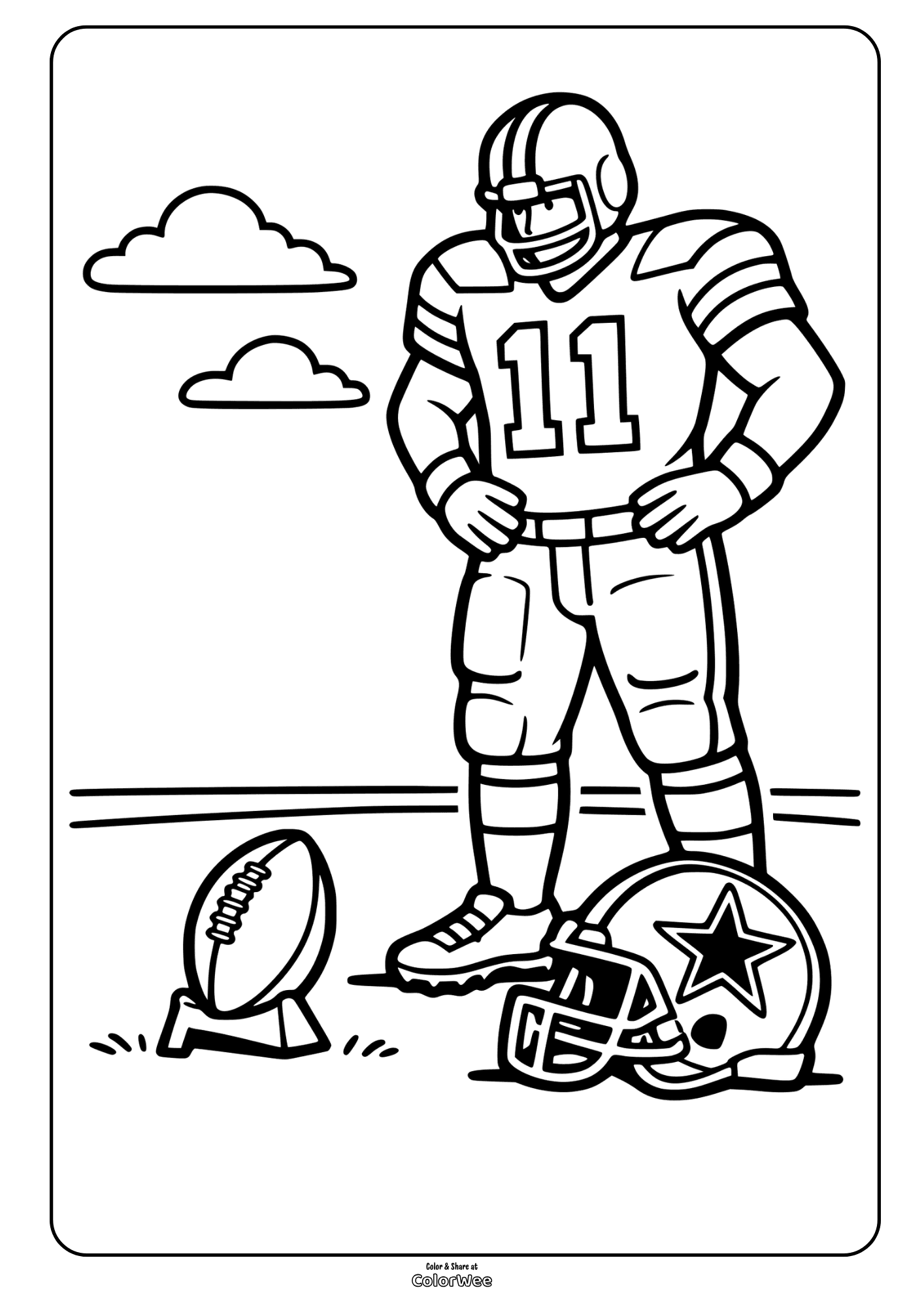 Football Dallas Cowboys player with helmet and ball on tee coloring sheet for kids
