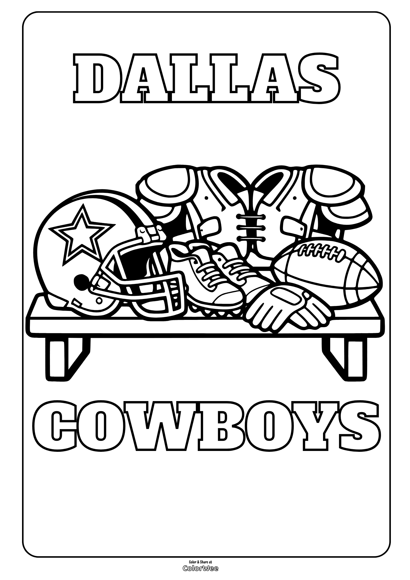 Dallas Cowboys football gear bench coloring sheet