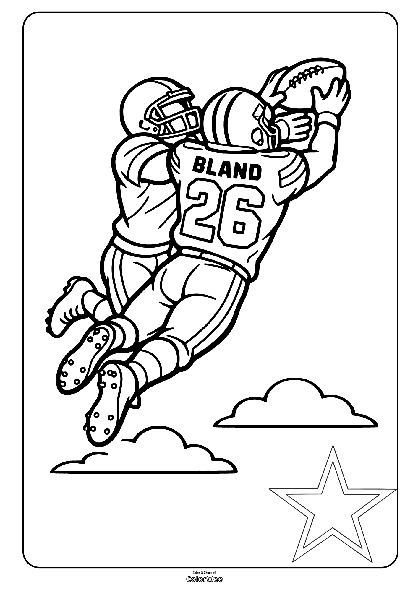 Football catch coloring sheet: two players jumping, star and clouds