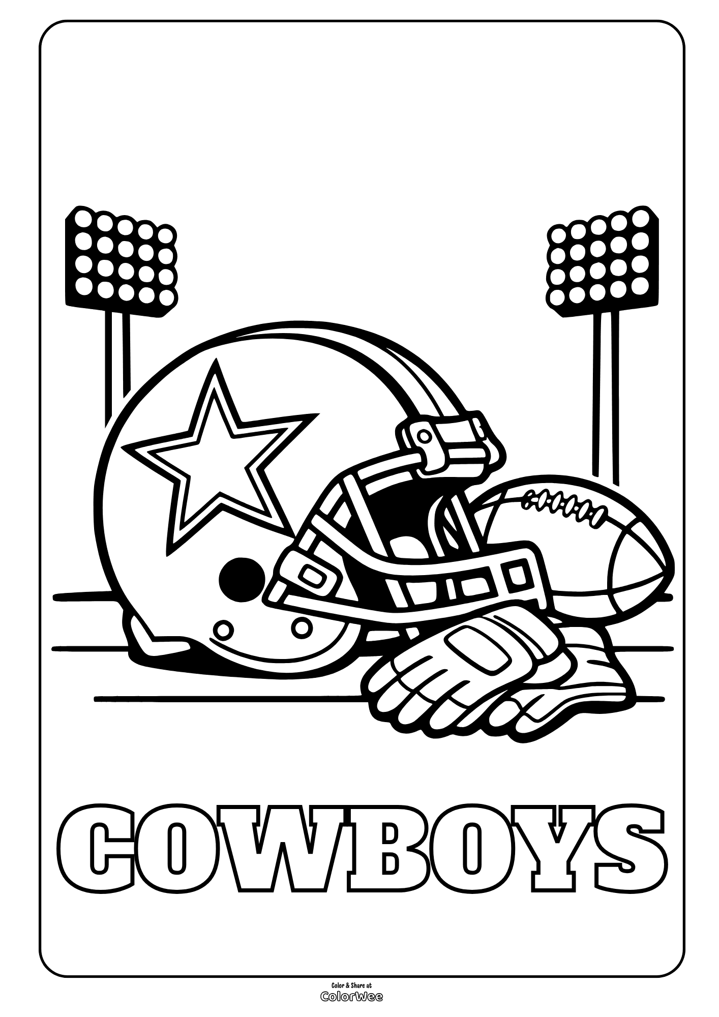 Dallas Cowboys football coloring sheet with helmet, ball and gloves