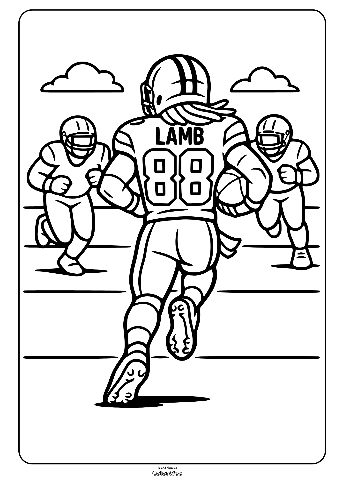 Coloring sheet: CeeDee Lamb American football player runs with ball as defenders chase