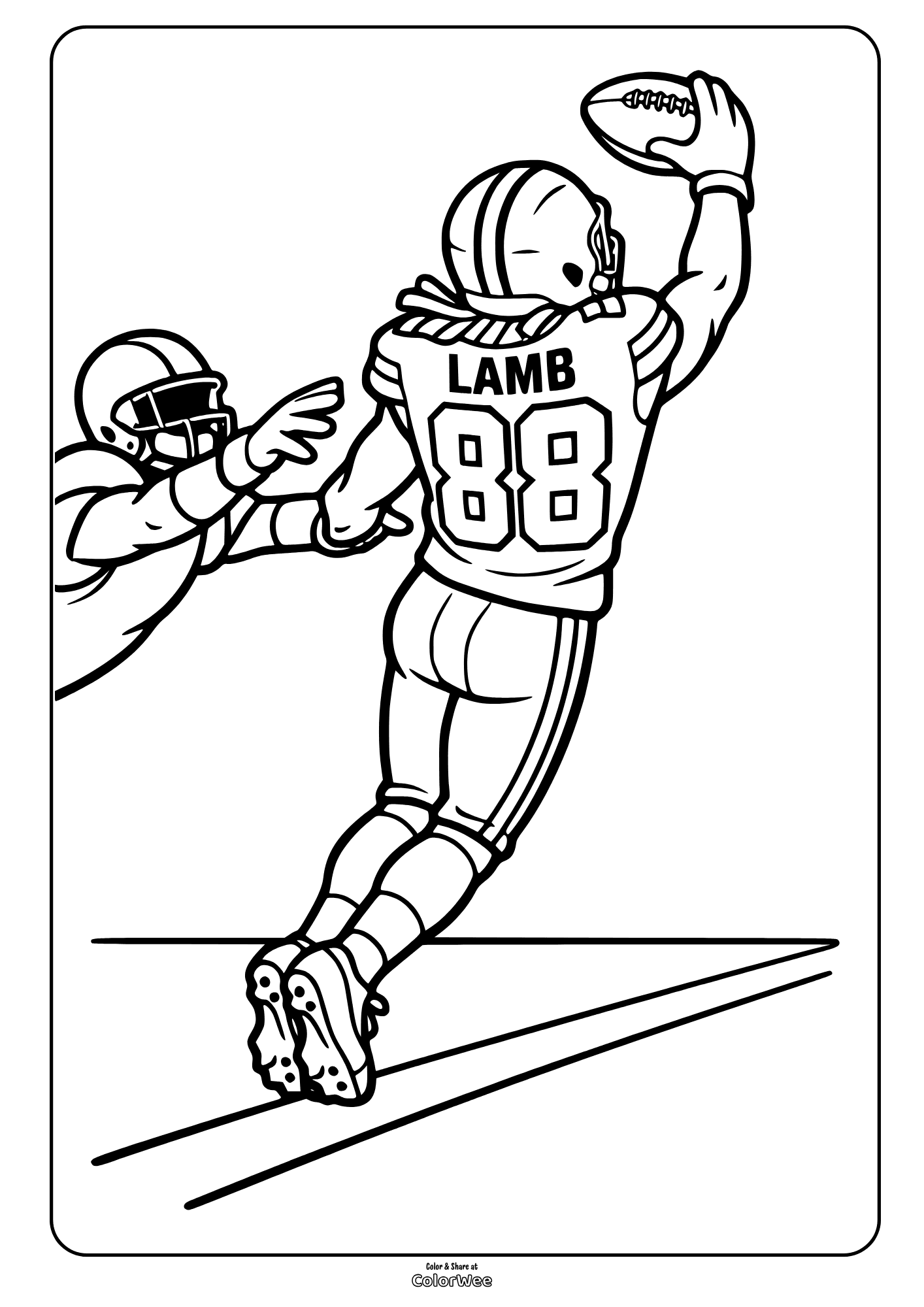 Football player CeeDee Lamb making a one-handed touchdown catch coloring sheet