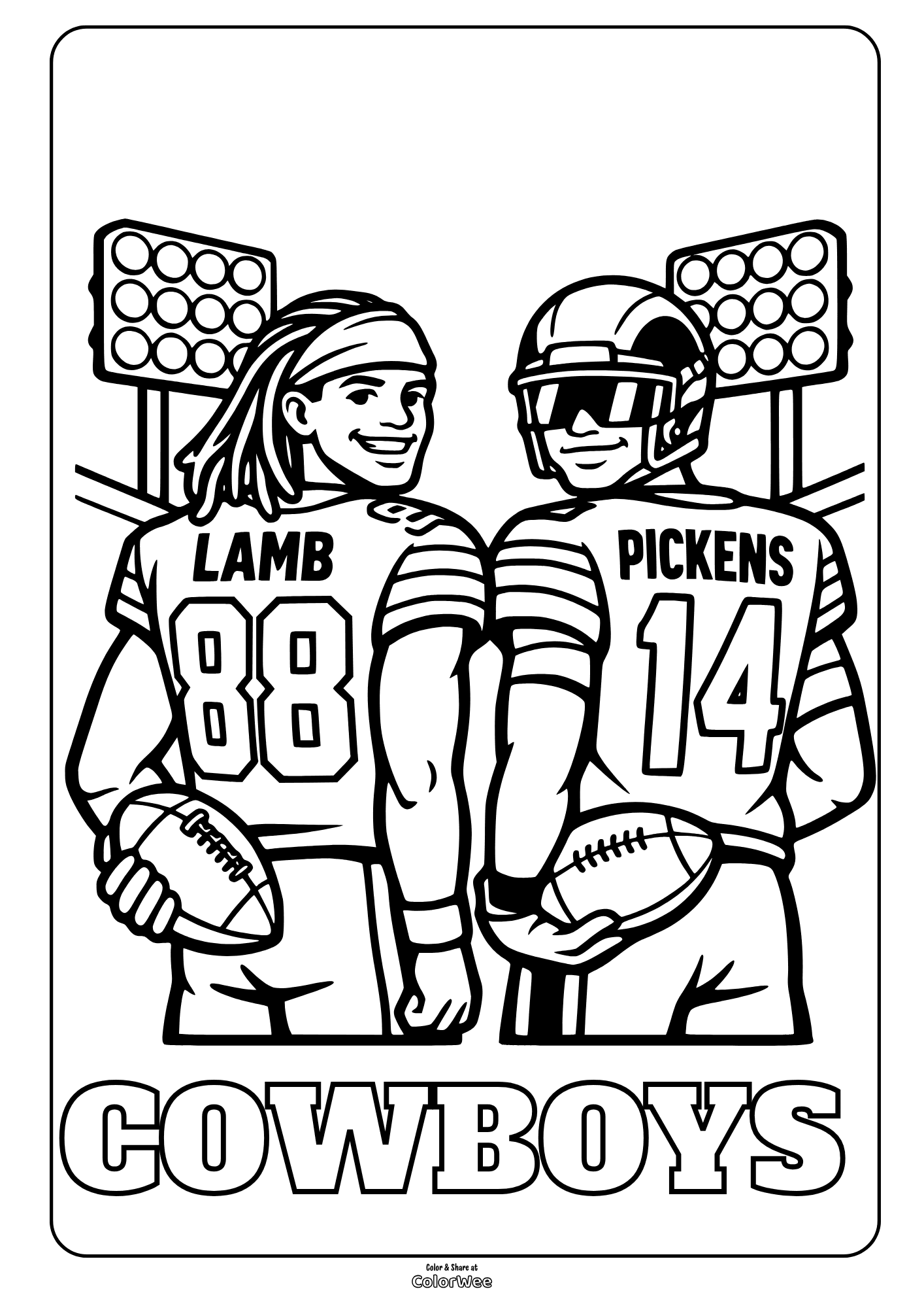 Cowboys football players 88 and 14 under stadium lights coloring sheet. CeeDee Lamb and George Pickens.