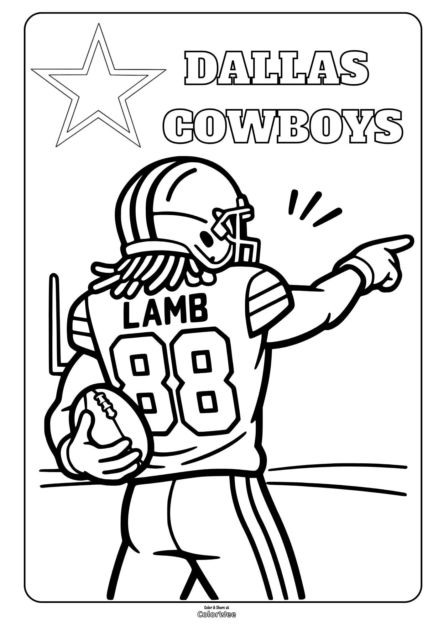 Dallas Cowboys coloring sheet: printable football player CeeDee Lamb pointing