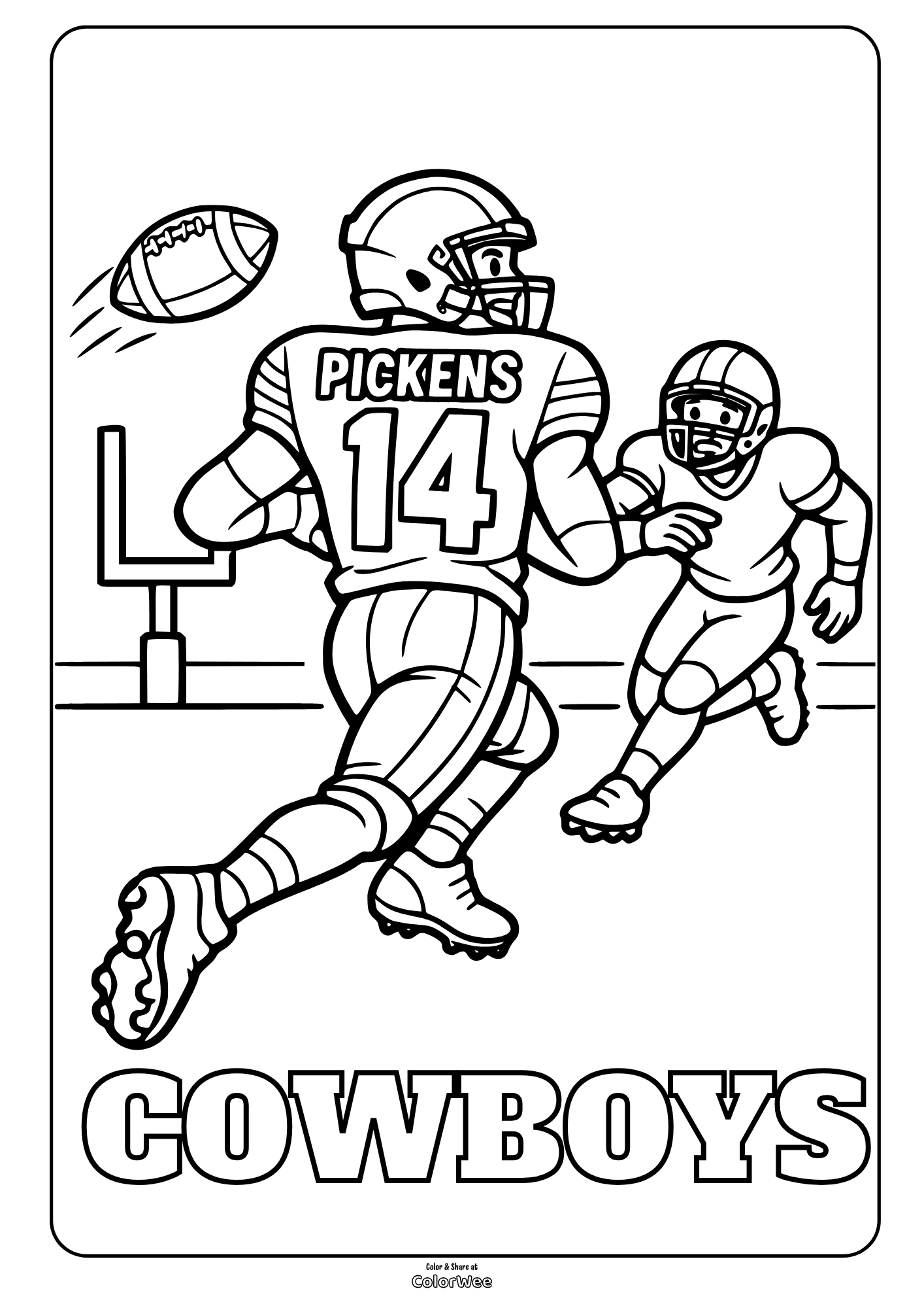 Football Dallas Cowboys coloring sheet with player Pickens running toward goalpost