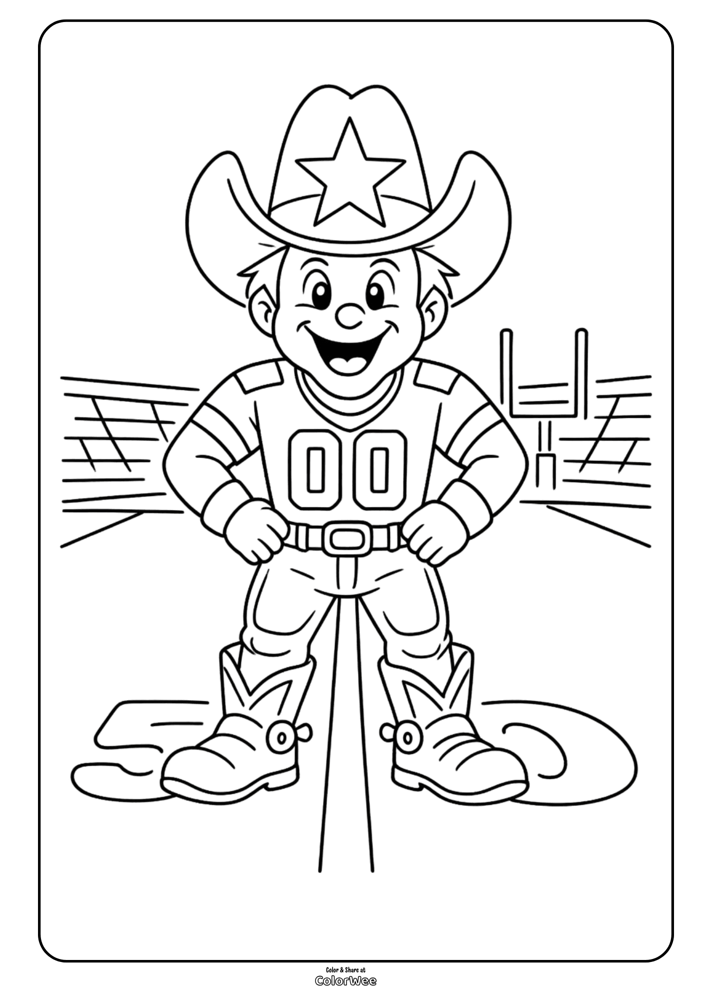 Cowboy football player mascot Rowdy on field coloring sheet for kids