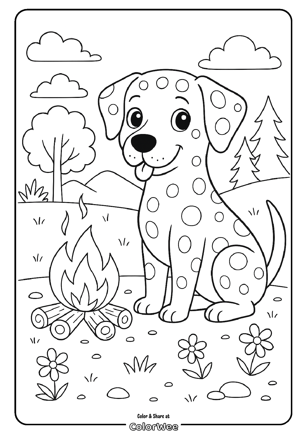 Cute dalmatian by campfire in scenic coloring page.