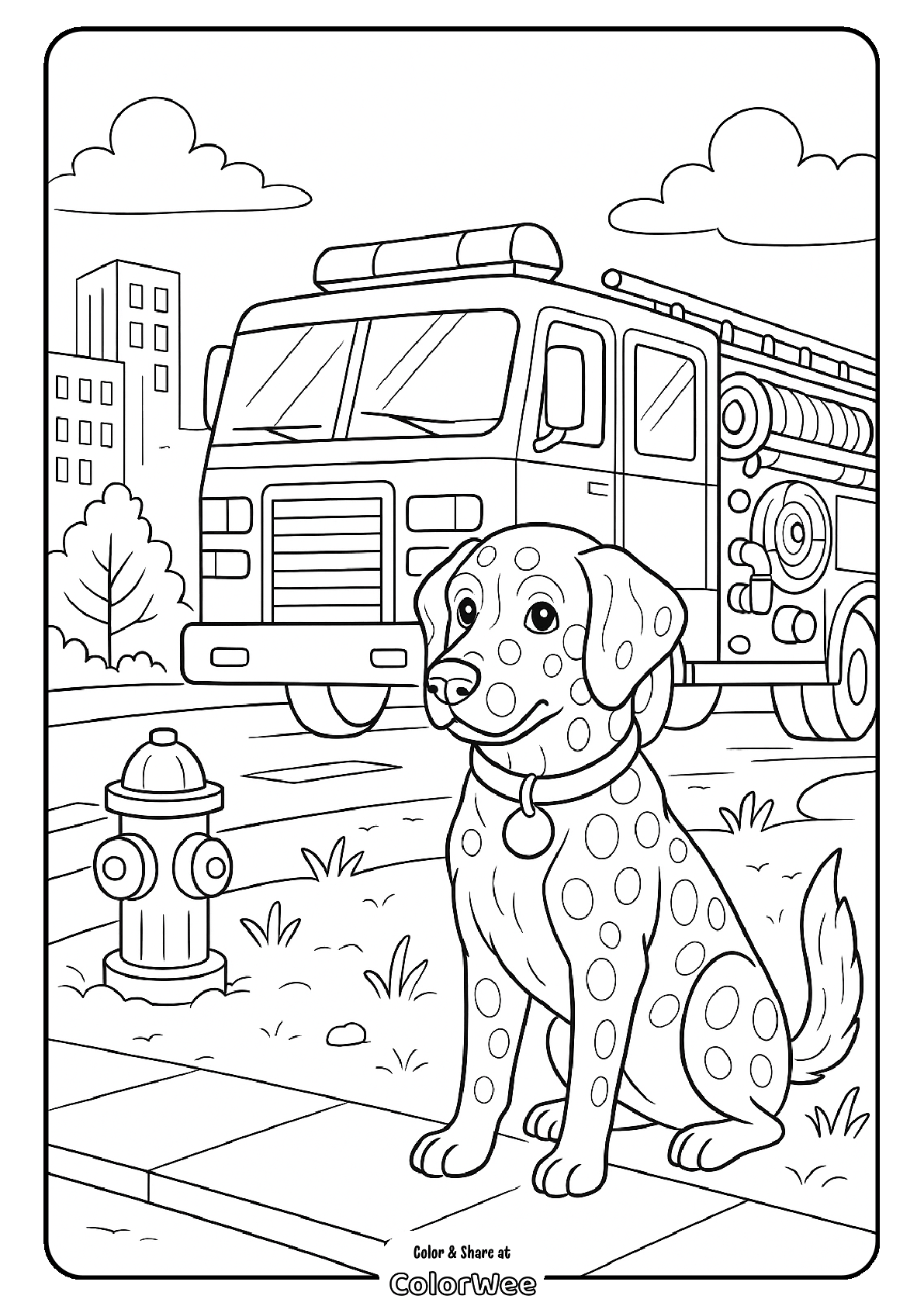 Dalmatian with fire truck coloring page for kids