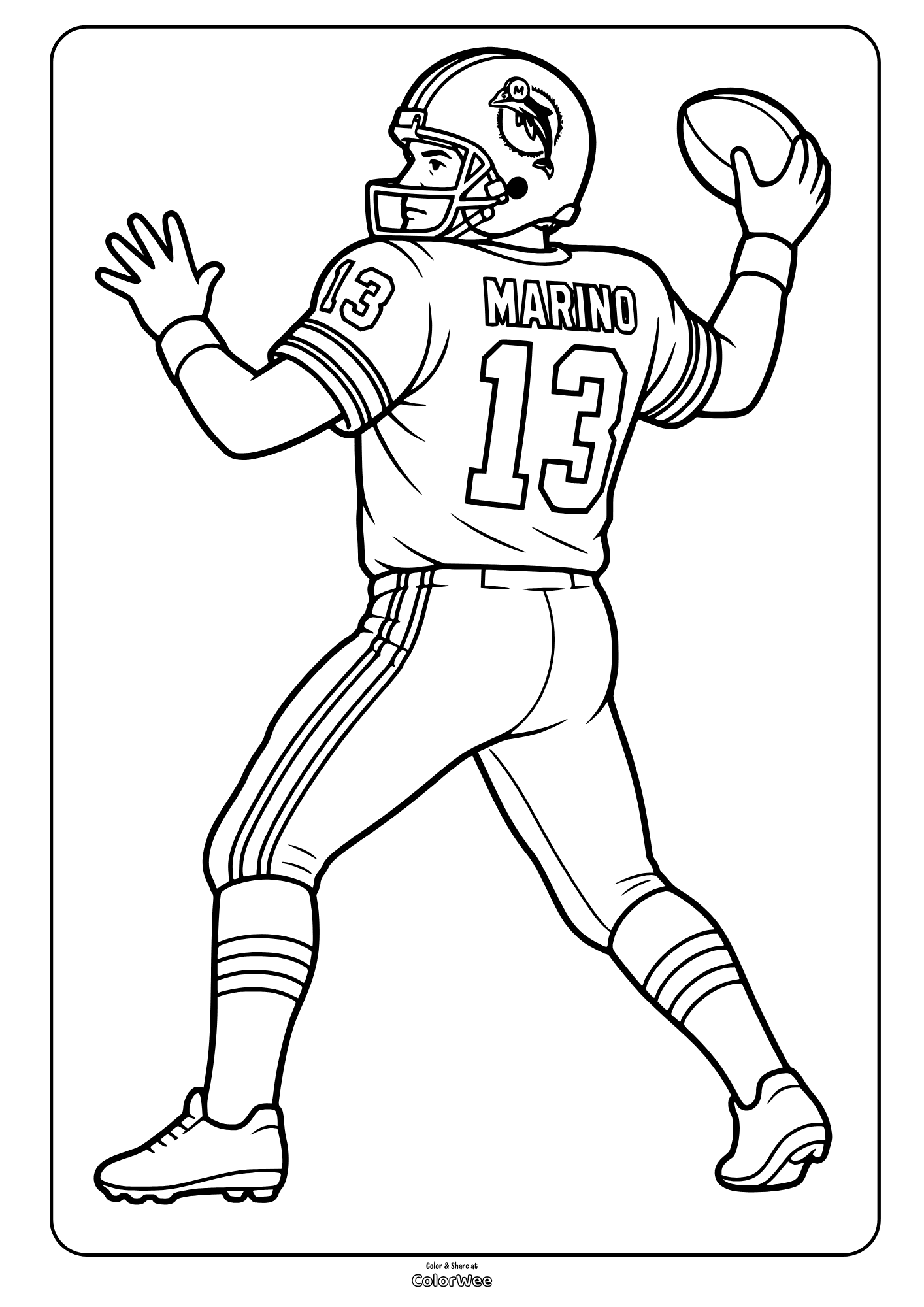 Dan Marino in helmet raises one hand while holding a ball, picture to color