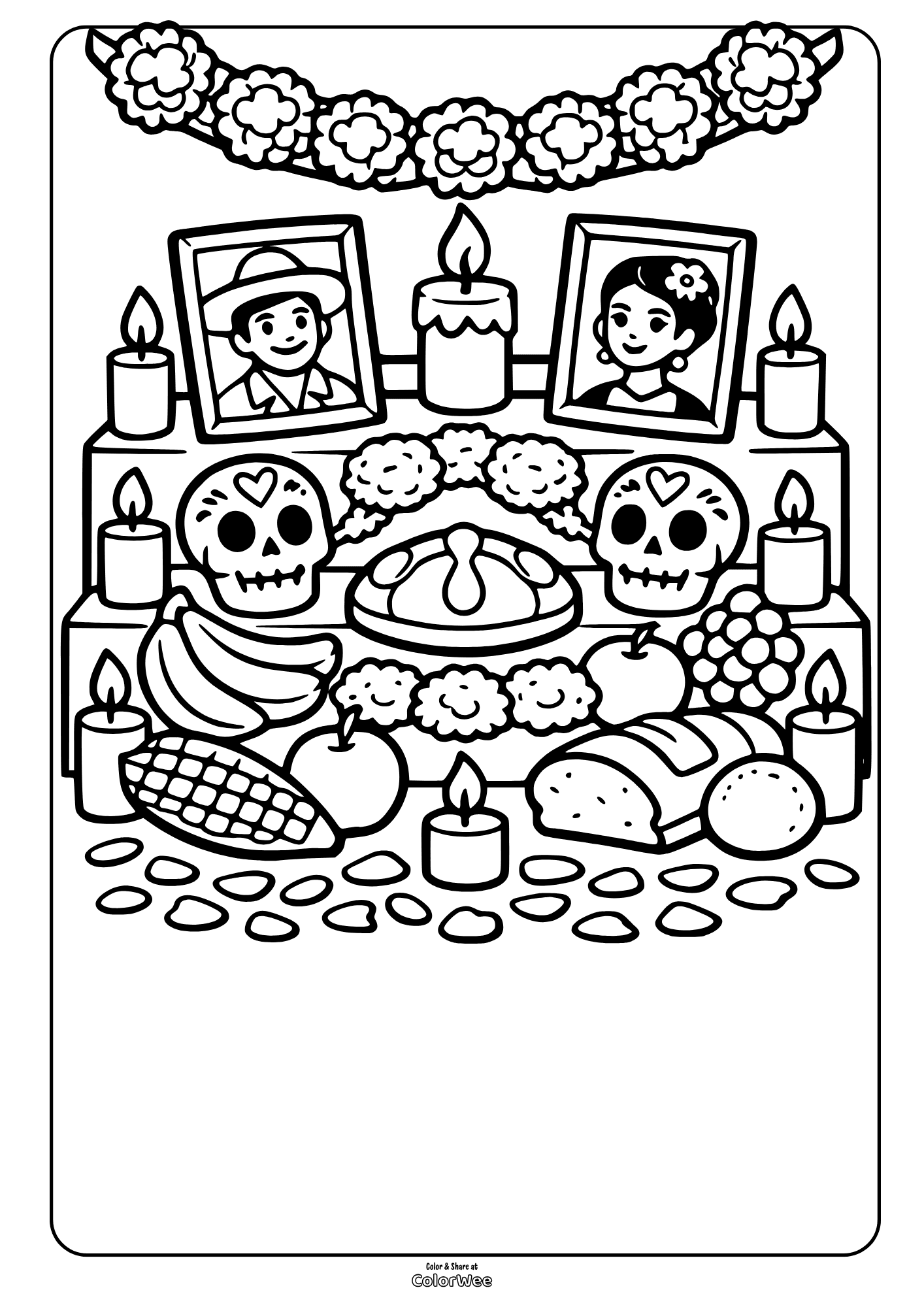 Day of the Dead altar coloring sheet with sugar skulls, candles, marigolds