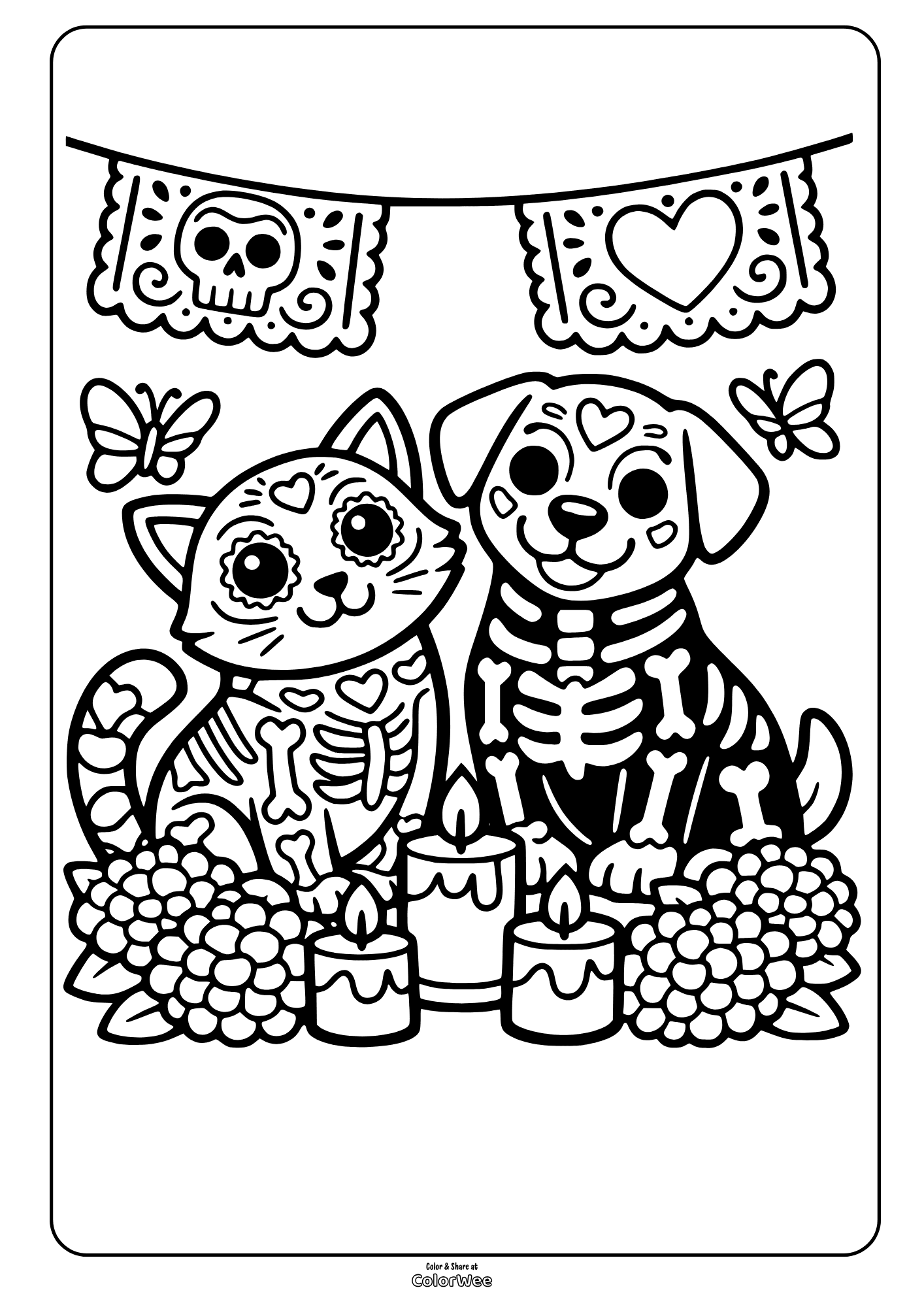 Day of the Dead cat and dog coloring sheet with candles and papel picado