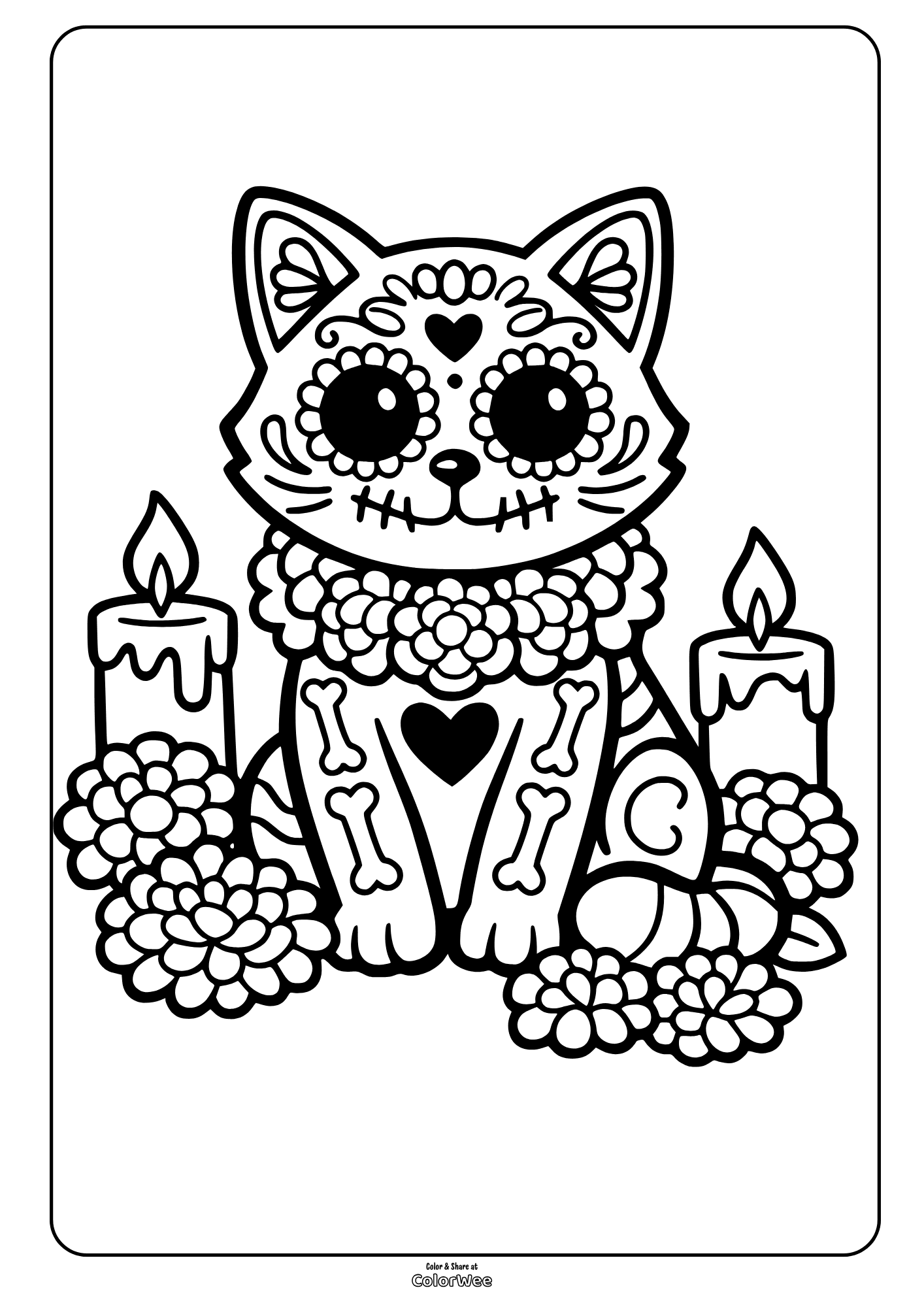 Day of the Dead cat coloring sheet with candles and marigold flowers