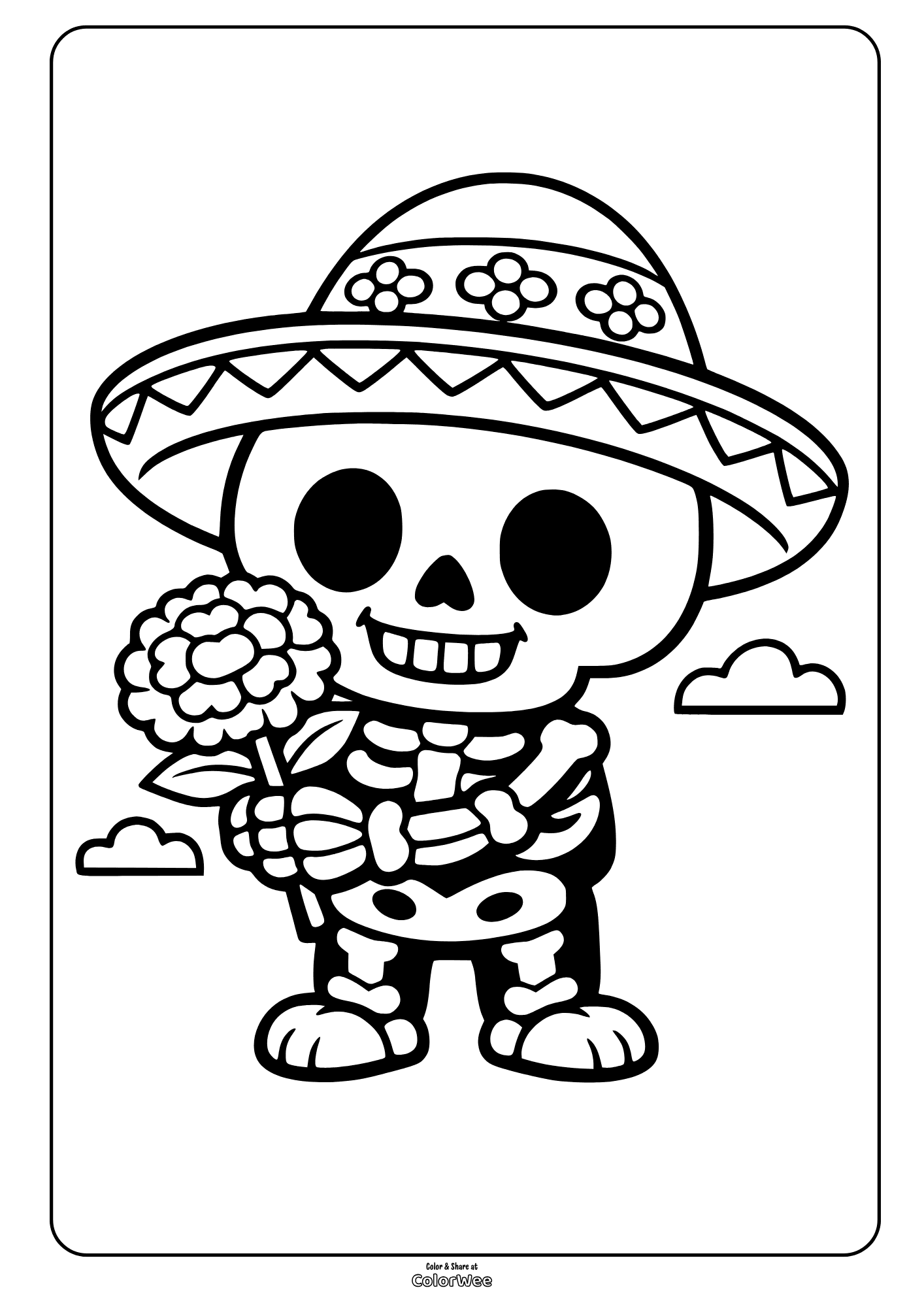 Dia de los Muertos skeleton with sombrero coloring sheet for kids