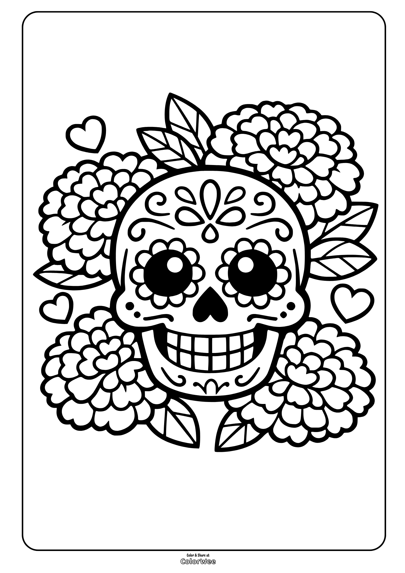 Sugar skull with marigolds and hearts coloring sheet for Día de los Muertos