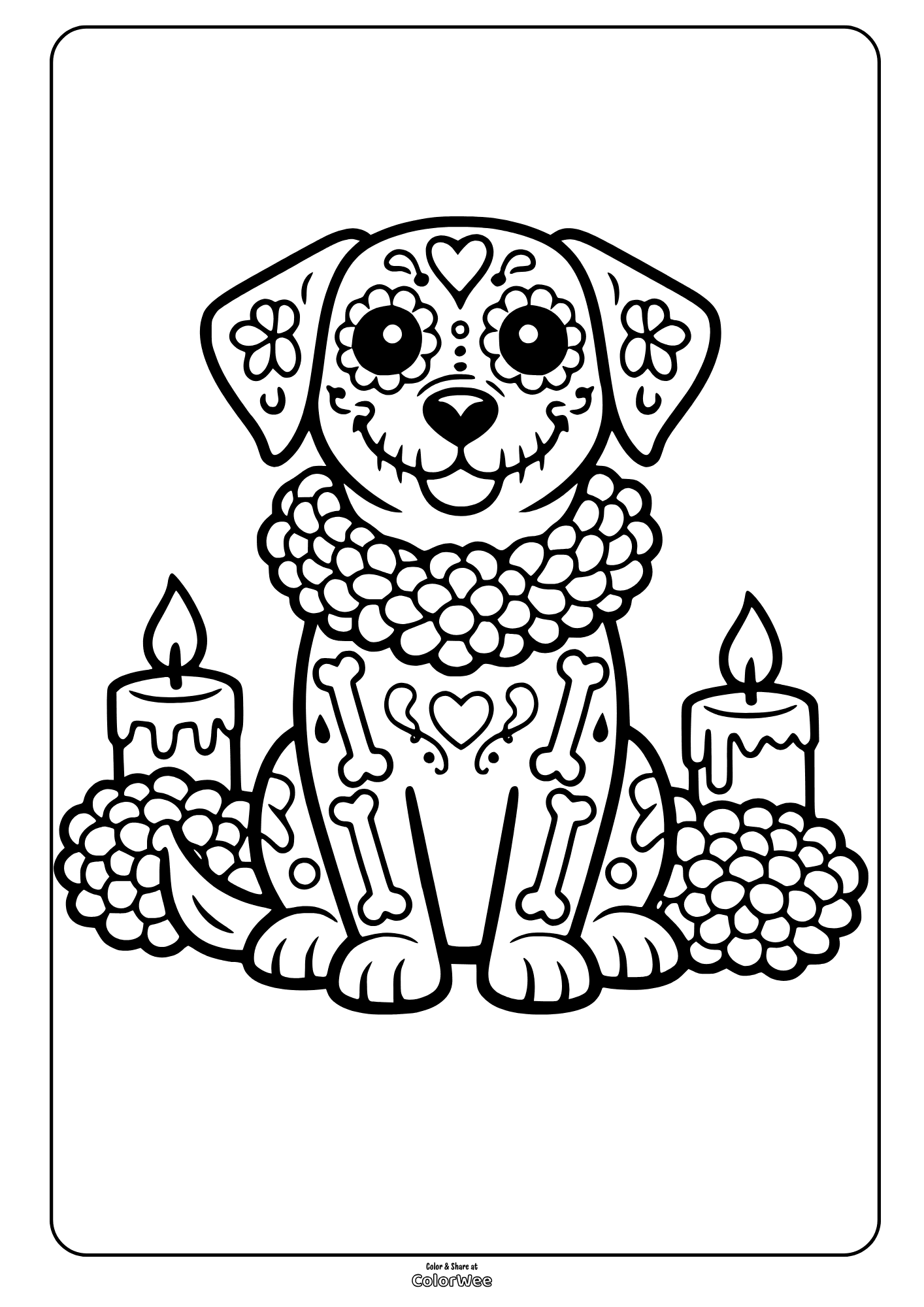Day of the Dead dog coloring sheet with sugar skull puppy and candles