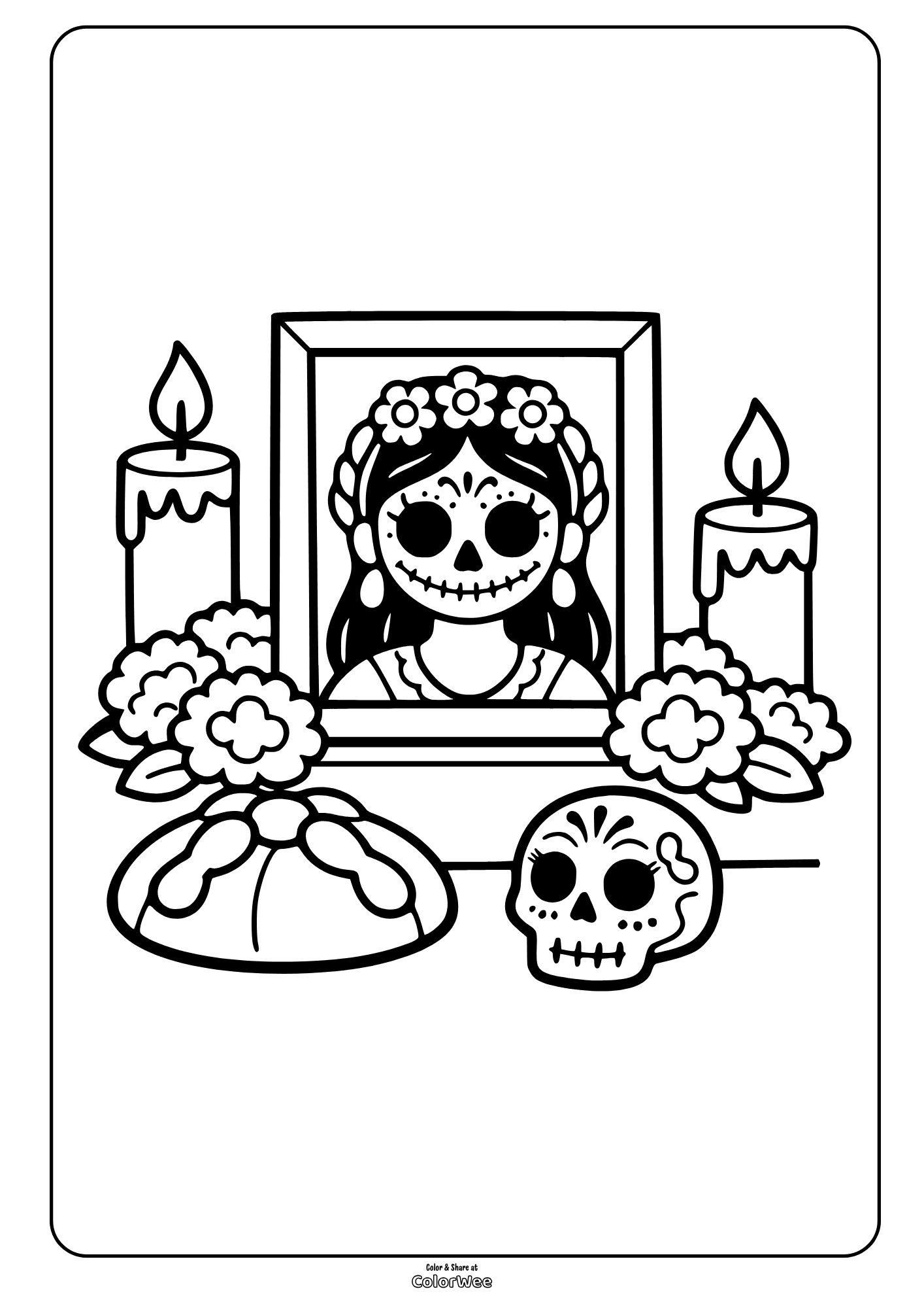 Day of the Dead altar coloring sheet with candles, marigolds, sugar skull