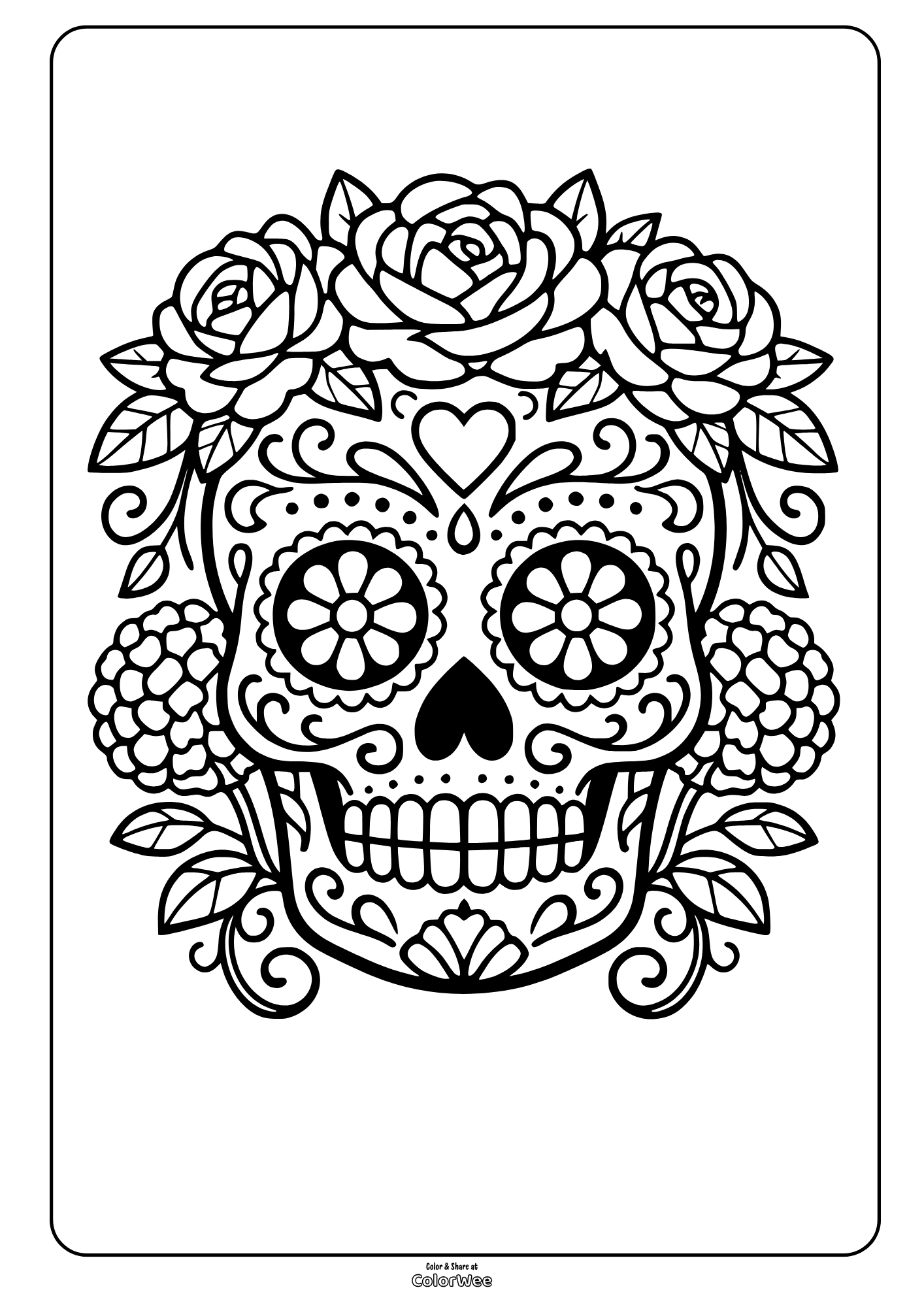 Sugar skull with roses coloring sheet for Day of the Dead