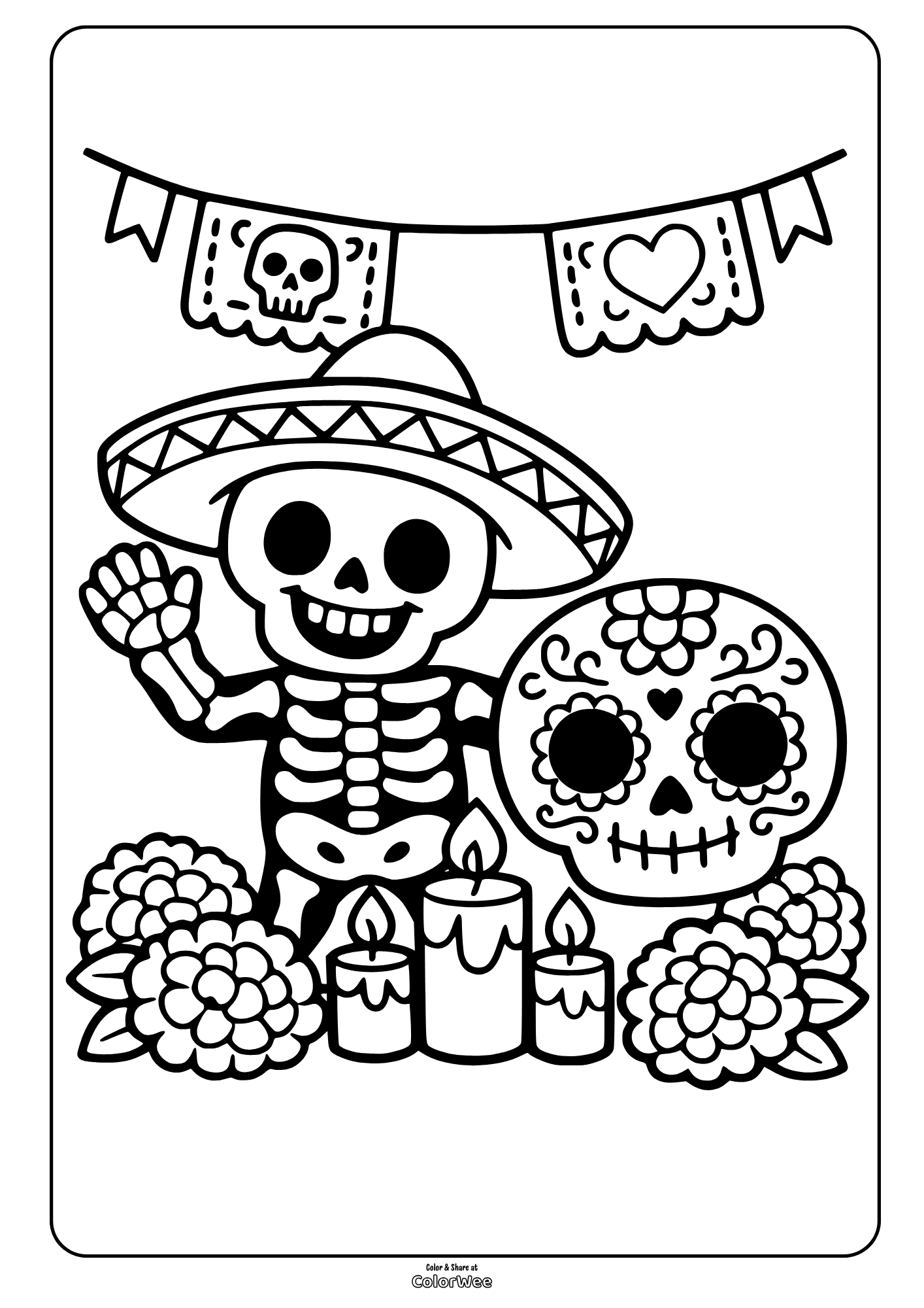 Day of the Dead skeleton, sugar skull and candles coloring sheet