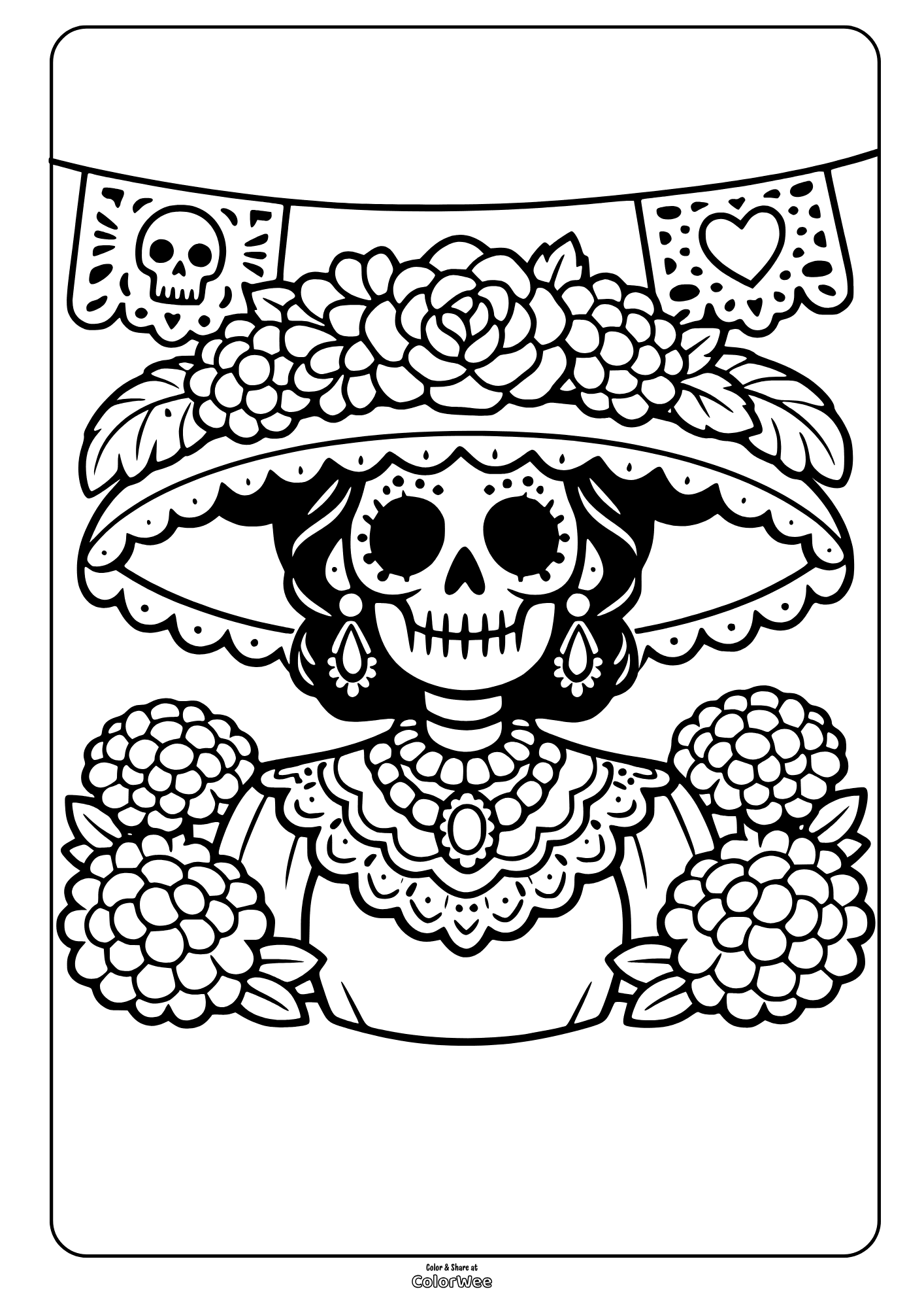 Day of the Dead Catrina coloring sheet with marigolds and papel picado