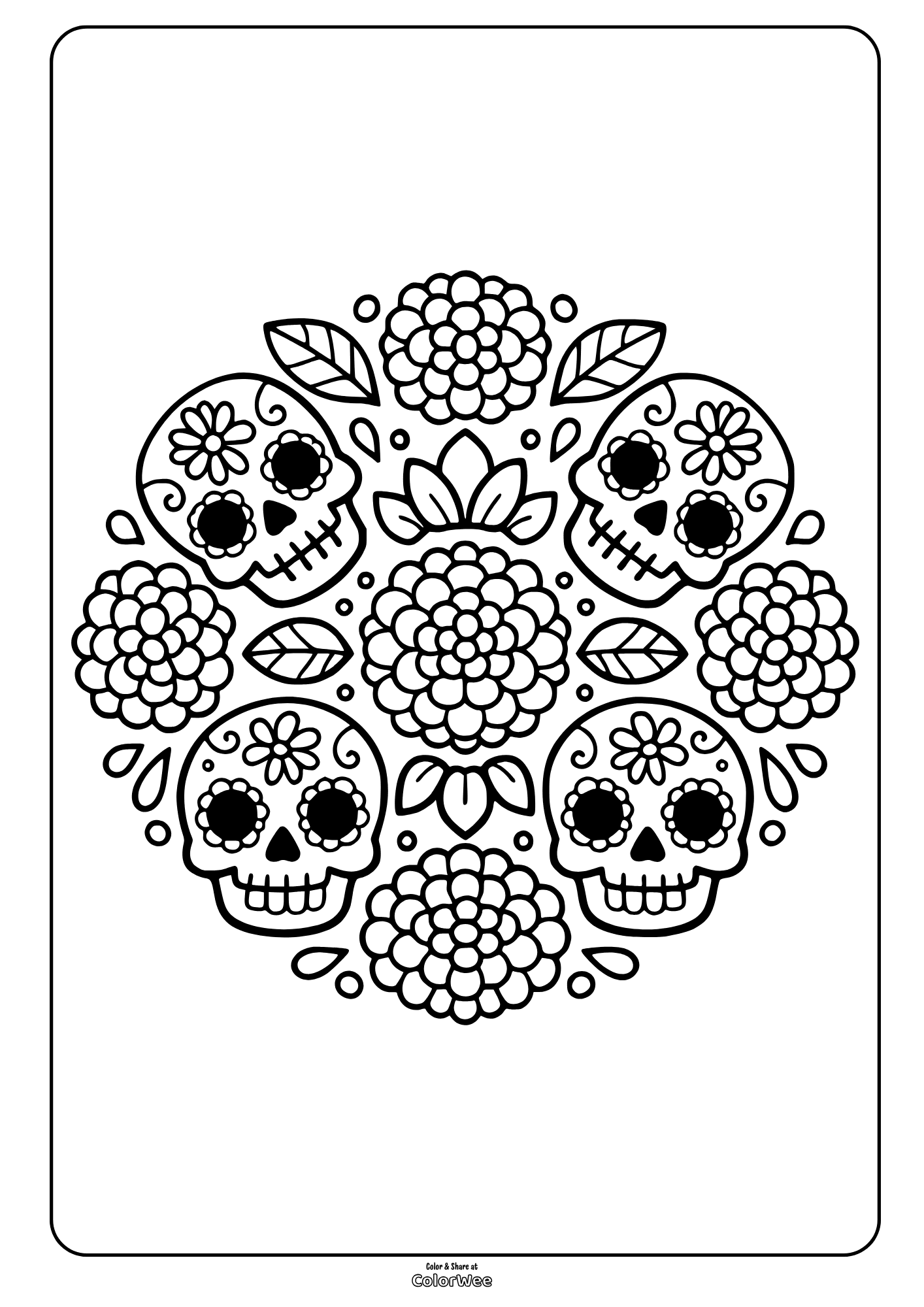 Sugar skulls and flowers coloring sheet for Day of the Dead