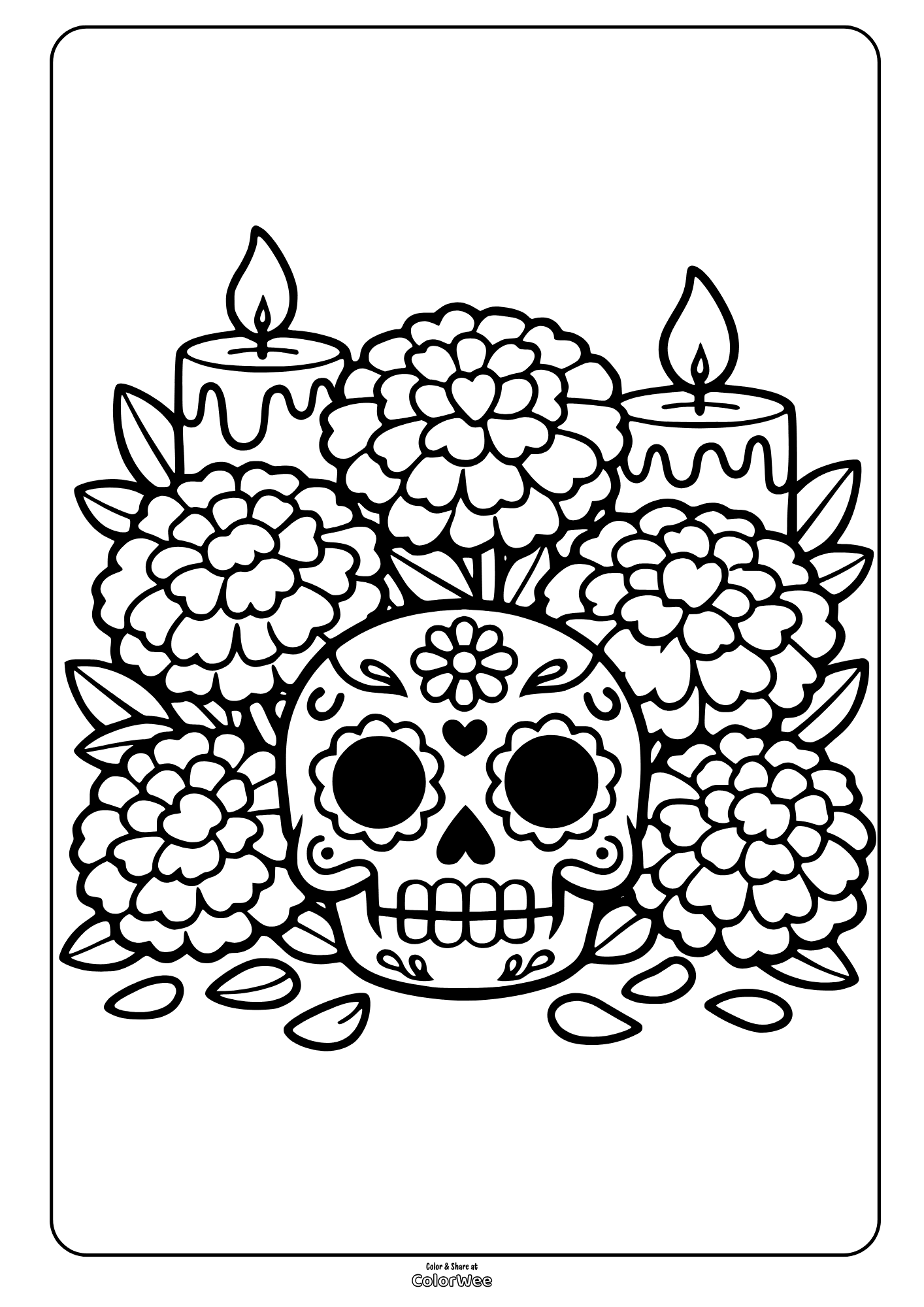 Day of the Dead sugar skull with marigolds and candles coloring sheet