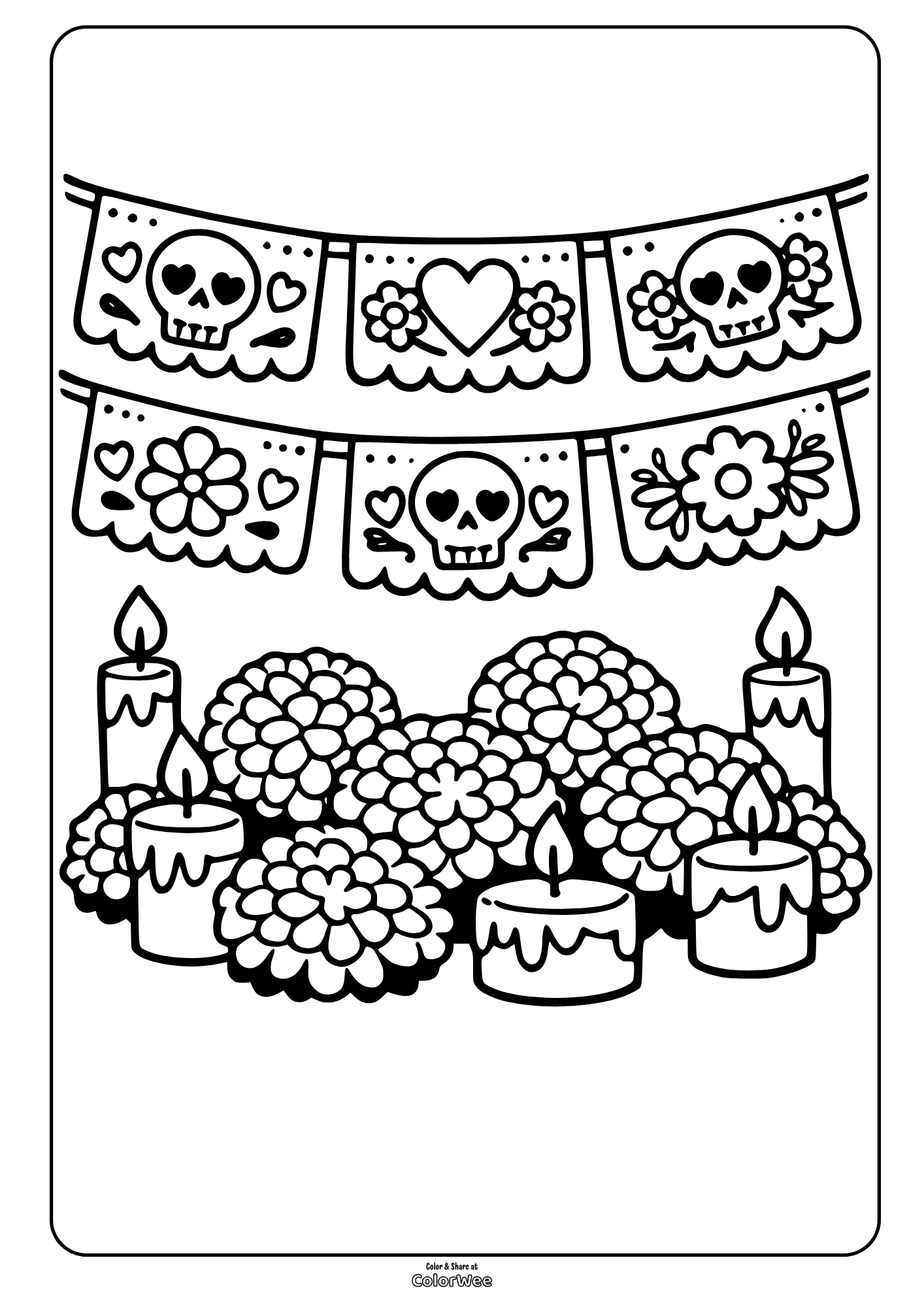Day of the Dead altar coloring sheet with marigolds, candles, papel picado