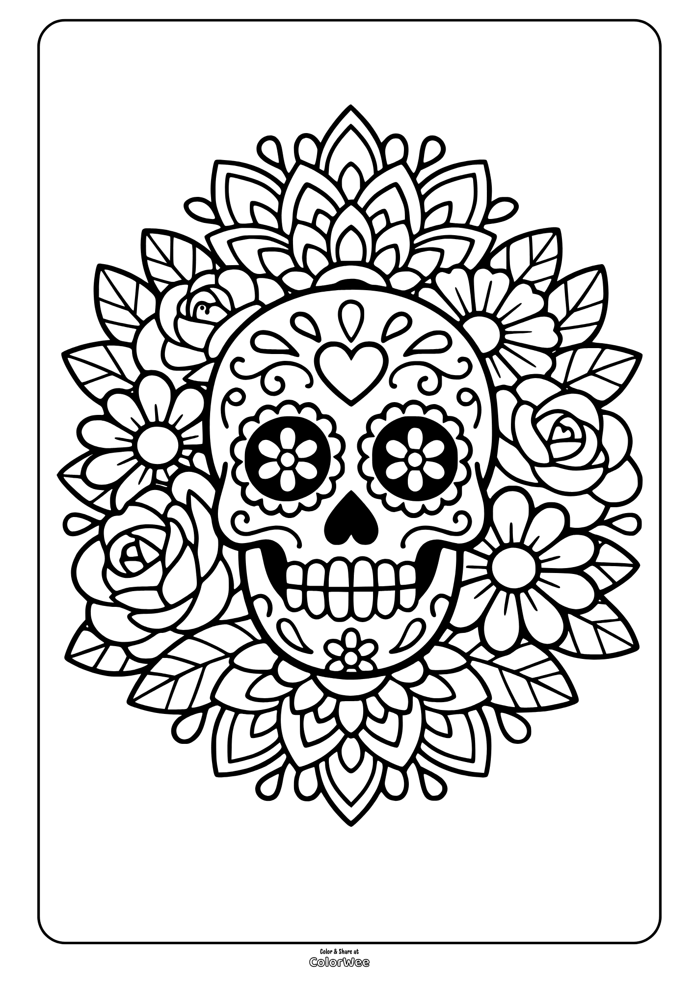 Day of the Dead sugar skull floral coloring sheet for adults and kids